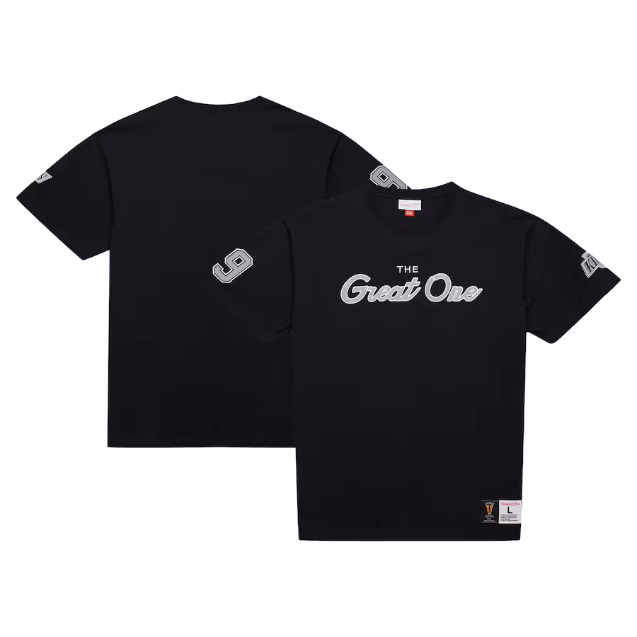 Men's Los Angeles Kings Wayne Gretzky Mitchell & Ness Black Premium Nickname Vintage Logo T-Shirt