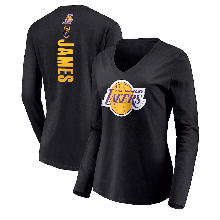 Women's Los Angeles Lakers LeBron James Black #6 Playmaker Name & Number Long Sleeve V-Neck T-Shirt