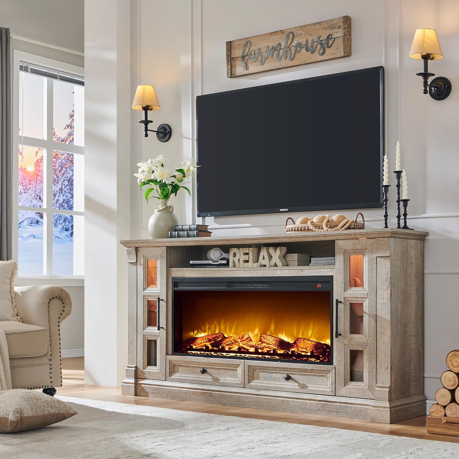 T4TREAM Farmhouse Fireplace TV Stand for up-to-80 TV, 70