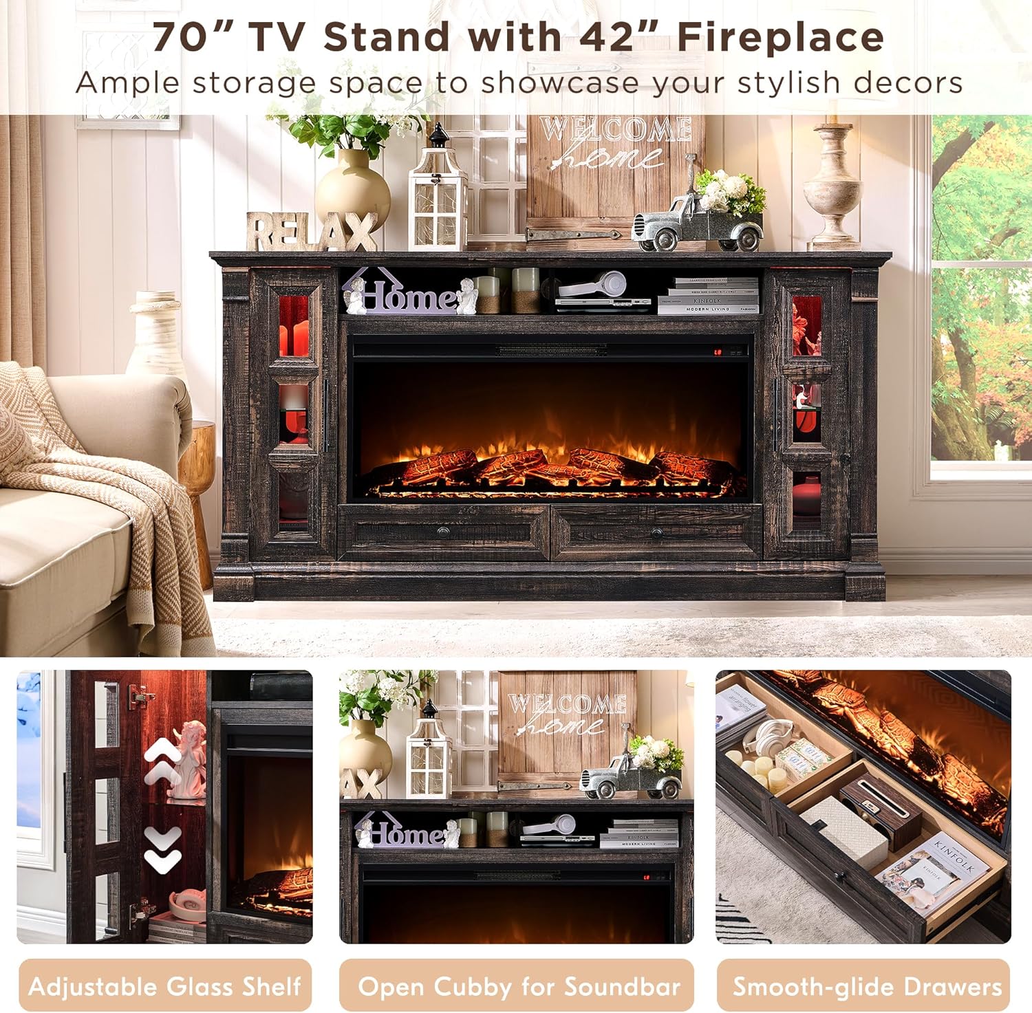 T4TREAM Farmhouse Fireplace TV Stand for up-to-80 TV, 70