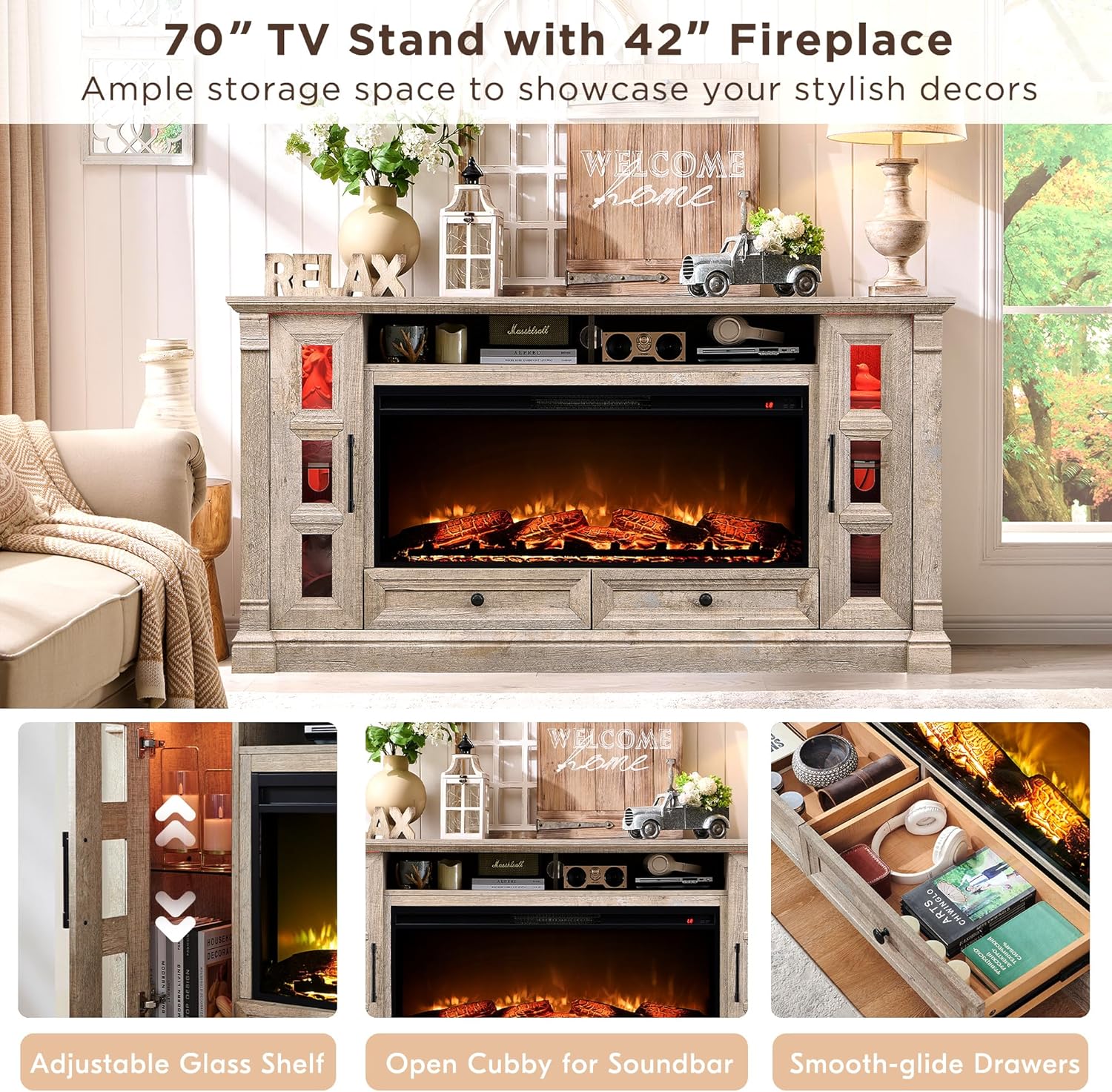 T4TREAM Farmhouse Fireplace TV Stand for up-to-80 TV, 70