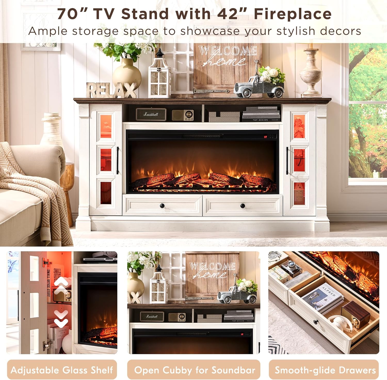 T4TREAM Farmhouse Fireplace TV Stand for up-to-80 TV, 70