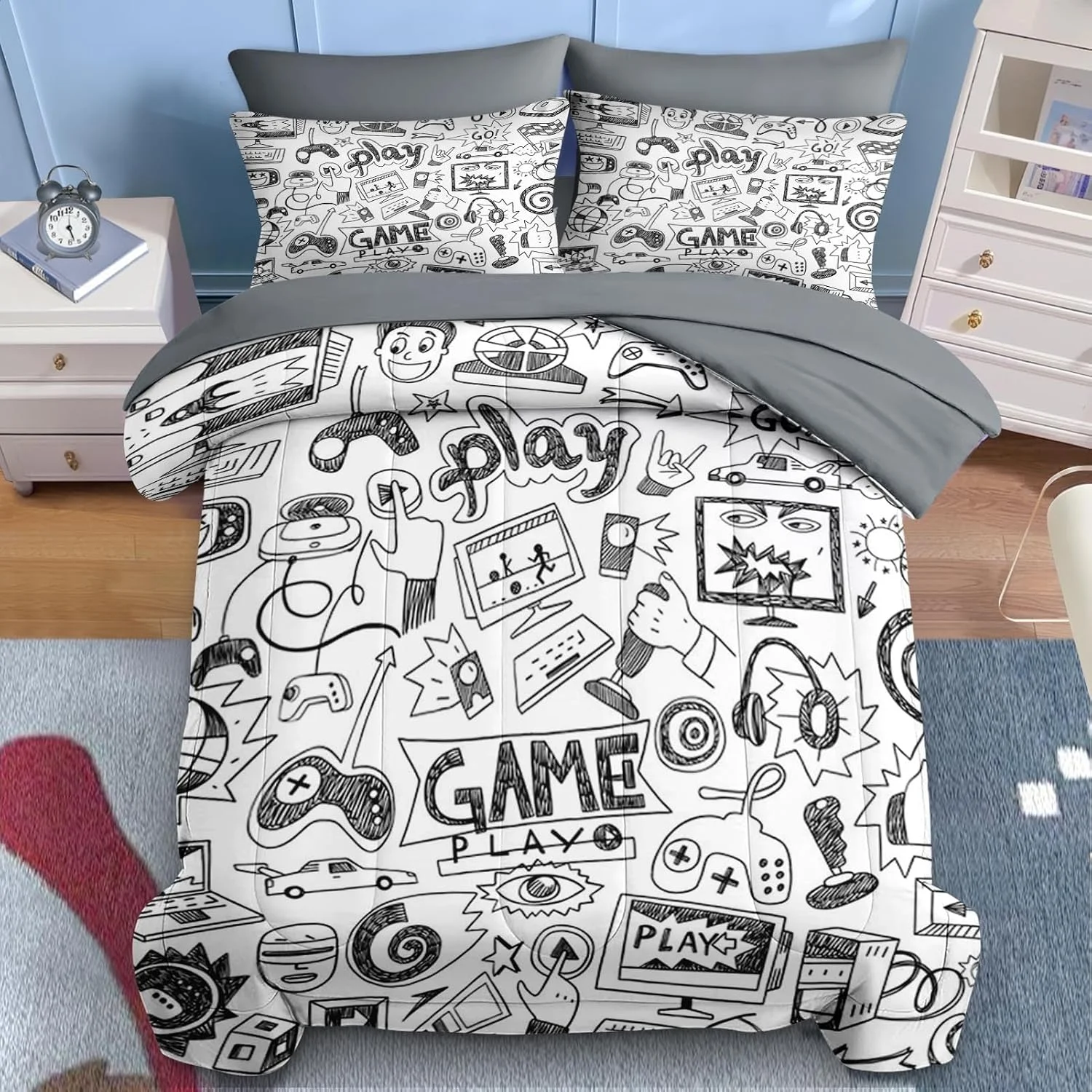 Comforter Set Twin Size, Computer Games Doodles 5 Pcs Bedding for Kids Teens, Gamer Gaming Black Bed Sheet with Pillowcase & Sham