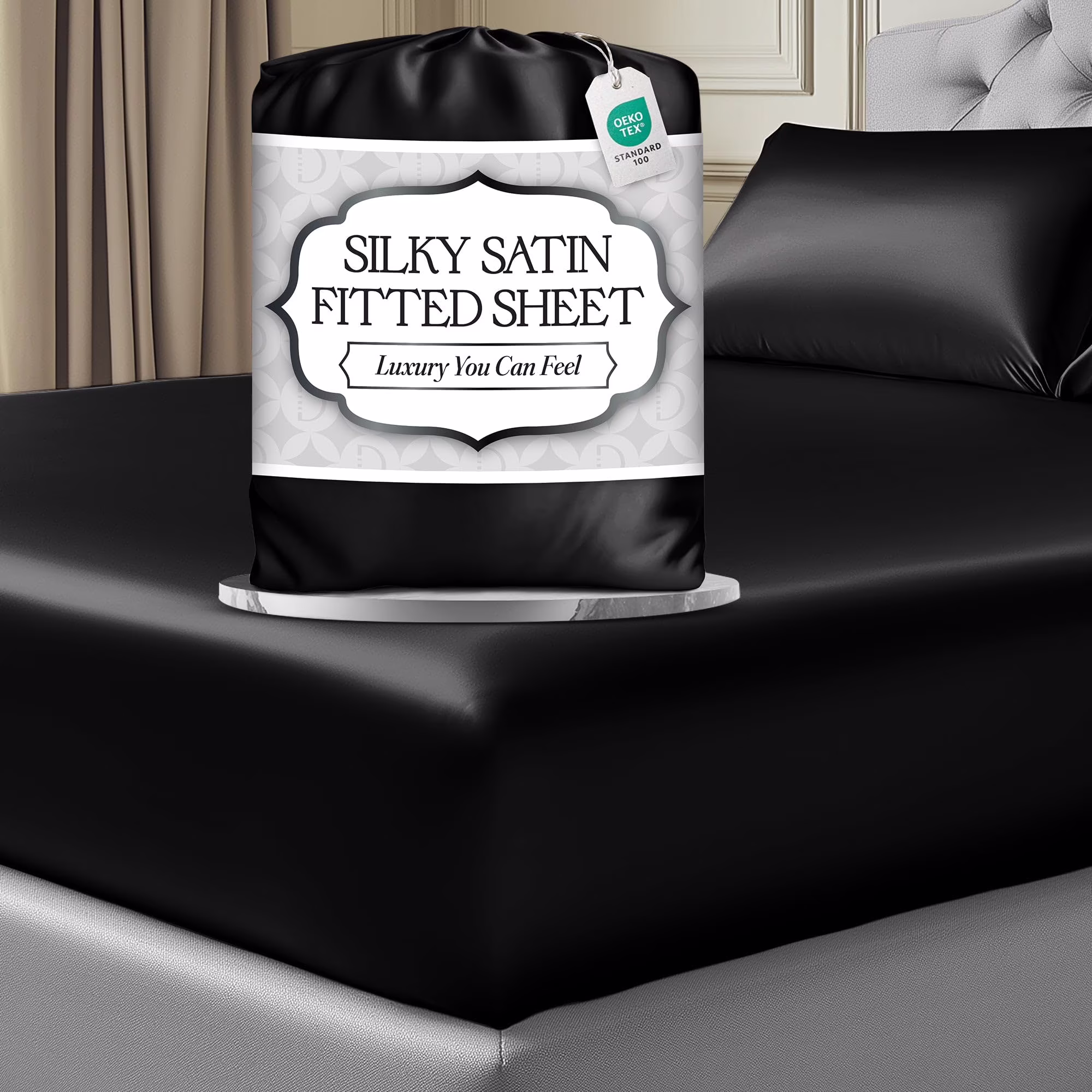 Silk Satin Fitted Sheet Queen Size, Luxuriously Smooth 15 Inch Deep Pocket, Hypoallergenic Wrinkle Free, Elastic Corners for Adjustable Mattress, Black