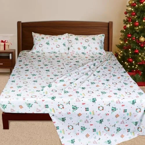 Queen Size 4-Piece Christmas Sheet Set - Ultra Soft & Breathable Polyester Bed Sheets, All Season Cooling Bedding with Deep Pockets, Wrinkle & Fade Resistant (Christmas Tiny Pattern)$$
