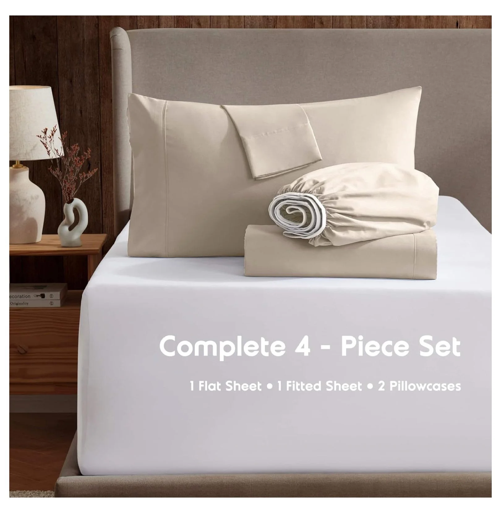 Queen Sheet Set - 4 Piece Bed Sheets for Queen Size Bed, Deep Pocket, Hotel Luxury, Extra Soft, Breathable and Cooling, Beige Cream Queen Size Sheets