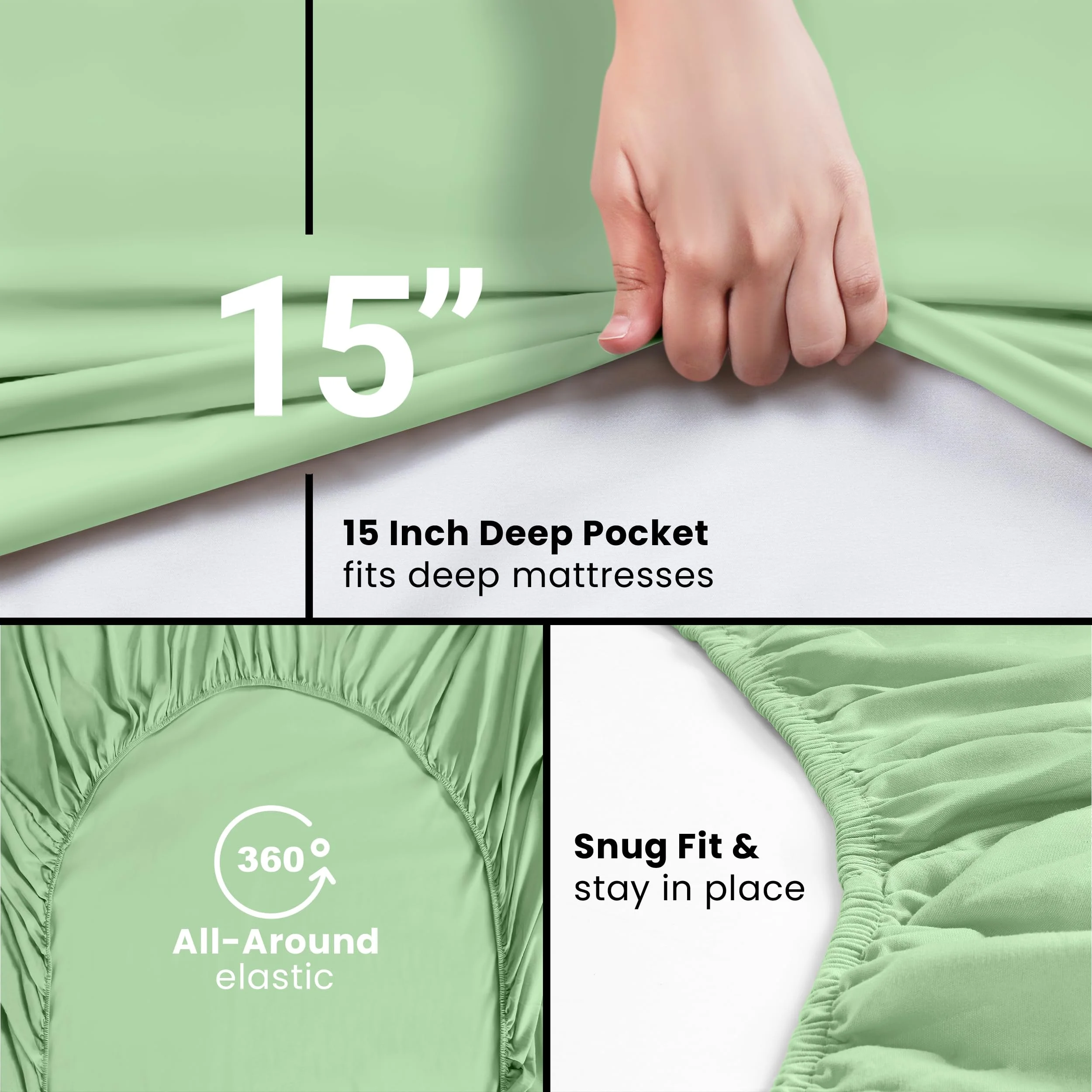 Queen Size Fitted Sheet with 14 Inch Deep Pocket, Breathable Microfiber Fabric, Non-Shrink Fade Proof Bottom Sheet, Cold Wash Safe, Sage Green