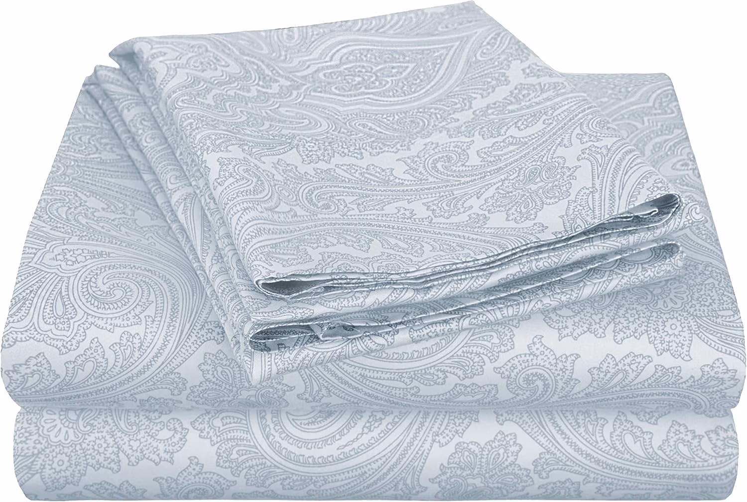 600 Thread Count Cotton Blend Bed Sheet Set, Italian Paisley Design, Includes 1 Fully Elastic Deep Pocket Fitted Sheet, 1 Flat Sheet, 2 Pillowcases, Sateen Weave, King, Blue
