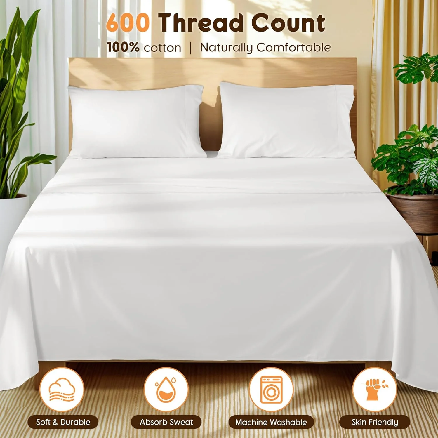 Cotton Sheets Set Queen Size 600 Thread Count 4 Piece Sets Bed Sheet Deep Pocket Up to 16" Soft Comfortable All Season (Queen, White)