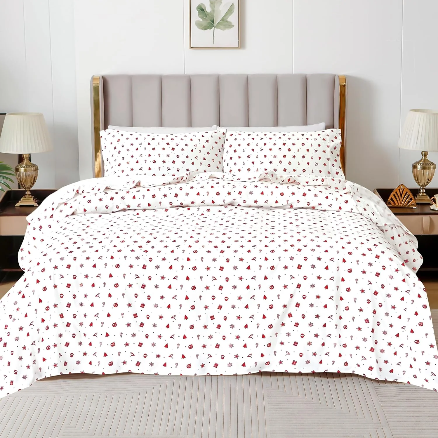 Warm Cozy King Flannel Sheets - 4-Piece 100% Turkish Cotton, Red Stars, Deep Pocket, Christmas