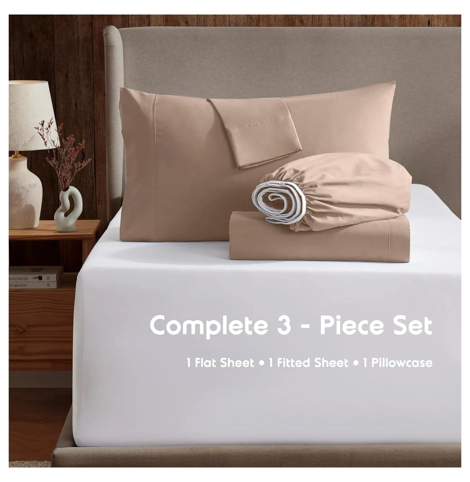 Kids Deep Pocket Twin Sheets - 3 Piece Twin Size Bed Sheets with Fitted Sheet, Flat Sheet, Pillow Case - Extra Soft Bedsheet Set with Deep Pockets for Twin Size - Taupe