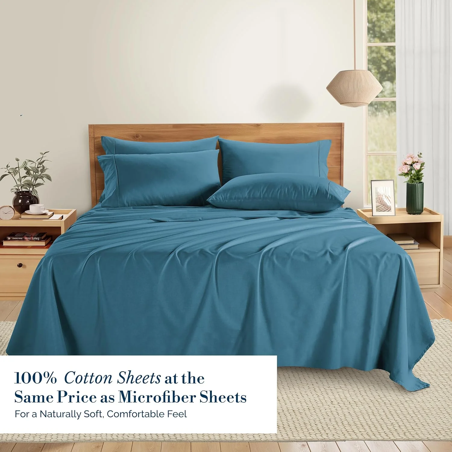 King 100% Cotton Sheet Set - 6 Pieces Soft Breathable Percale Weave Cooling Deep Pockets Bedding, Blue Heaven