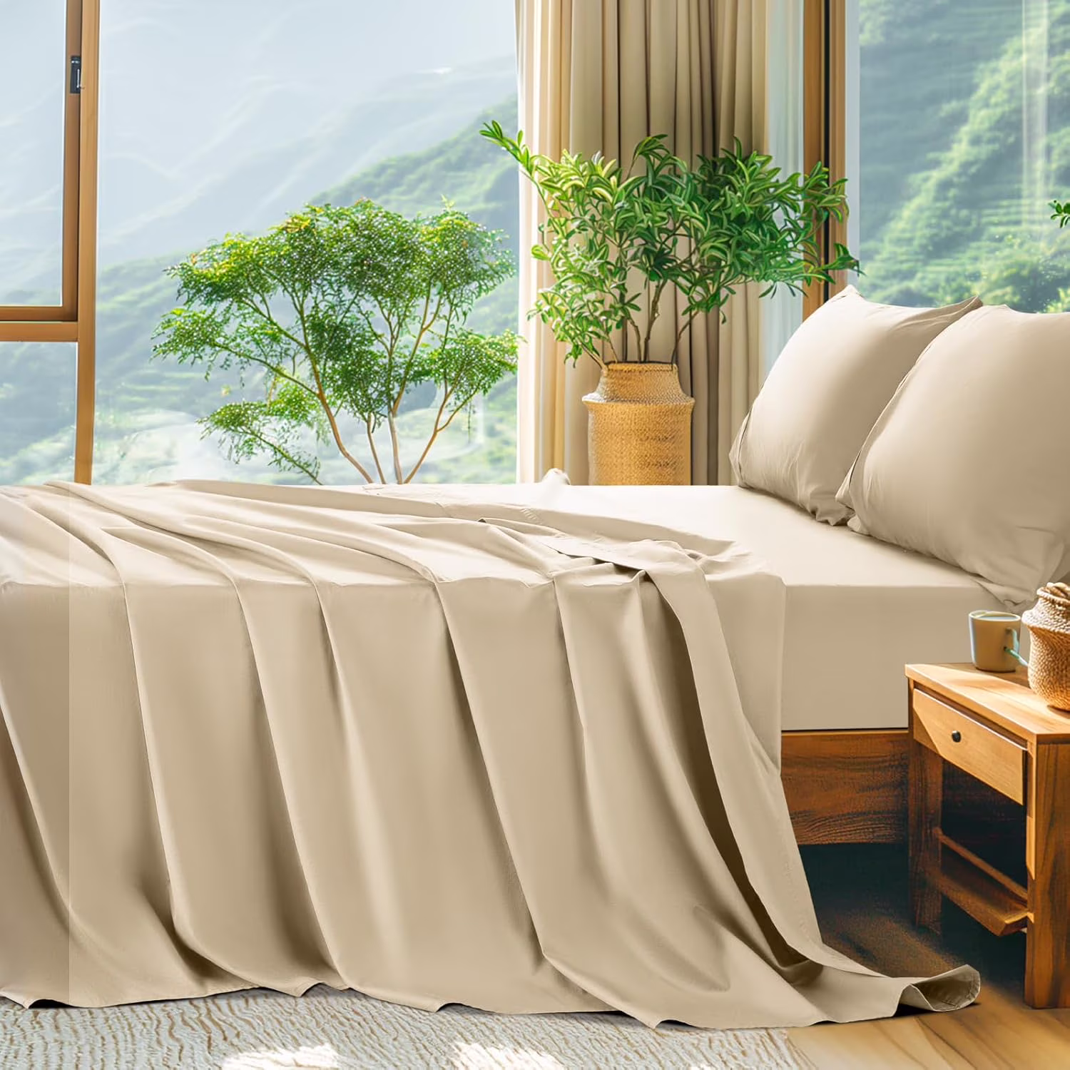 100% Egyptian Cotton Sheets King Size - 600 Thread Count, Luxury Hotel Quality Bedding Set, Soft Cooling Sateen Weave Bed Sheet Sets, 16" Deep Pocket - 4 PC(Beige,King)