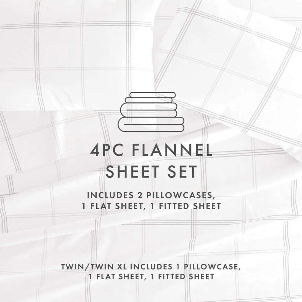 Premium 4 Piece Gray Checkered Flannel California King Sheet Set