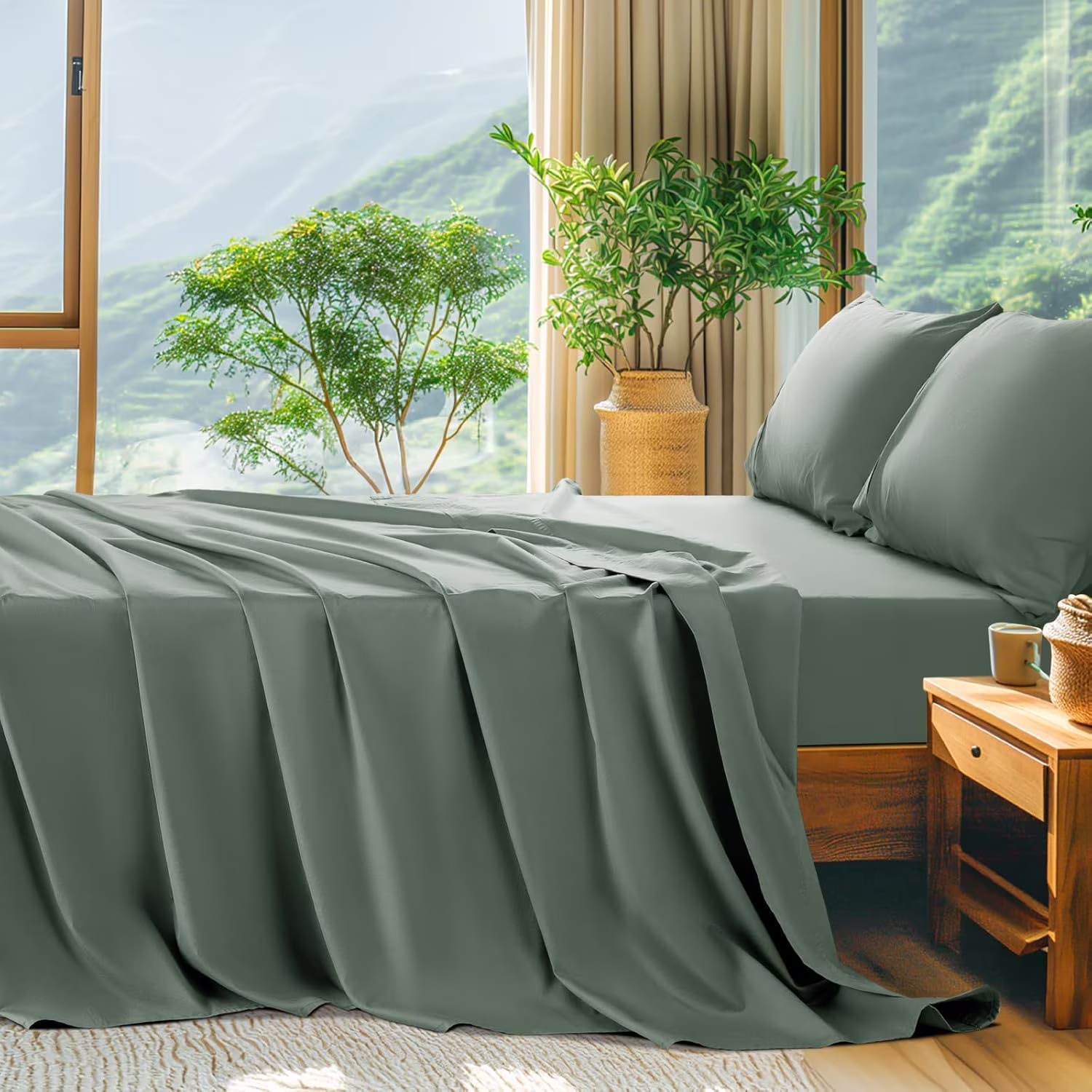 100% Egyptian Cotton Sheets King Size - 600 Thread Count, Luxury Hotel Quality Bedding Set, Soft Cooling Sateen Weave Bed Sheet Sets, 16" Deep Pocket - 4 PC(Sea Glass,King)