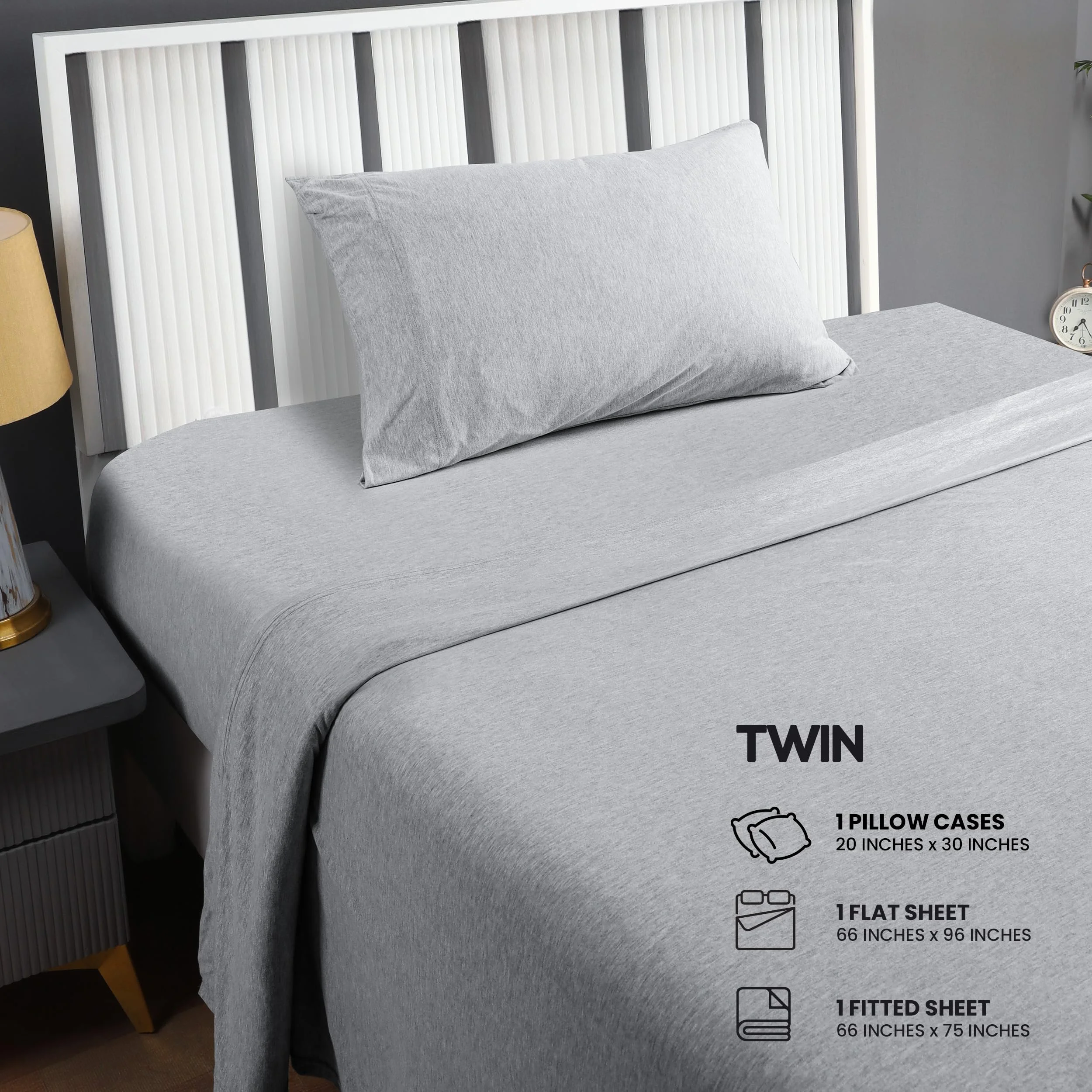 Twin Size Jersey Knit Sheet Set 3pc, Cotton Polyester Blend, Ultra Soft Stretchy Bedding, Fitted Flat Sheet Pillowcase, Heather Light Grey