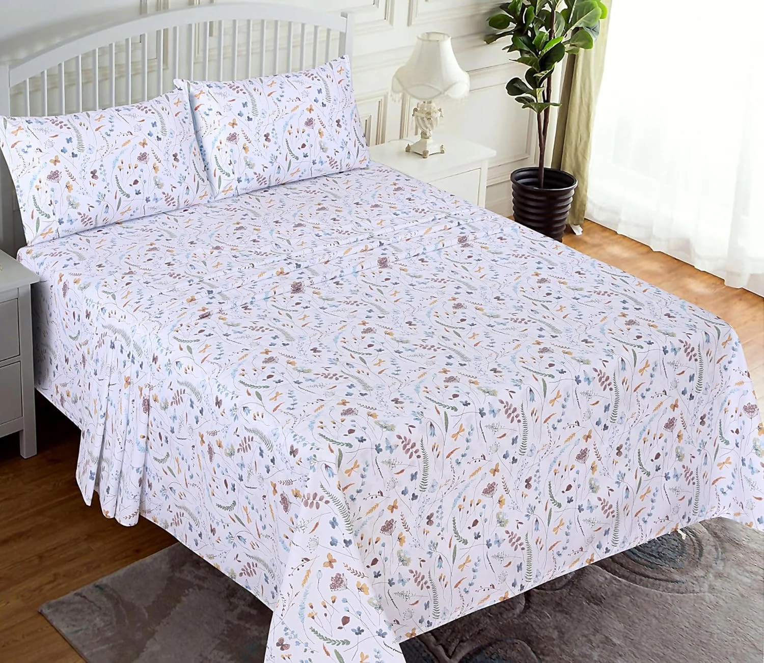 King Size Sheet Set, 100% Cotton Percale 4-Piece Bedding, Soft & Breathable Deep Pocket 16" Hotel Style Cooling Sheets, Classic Fern Floral Design