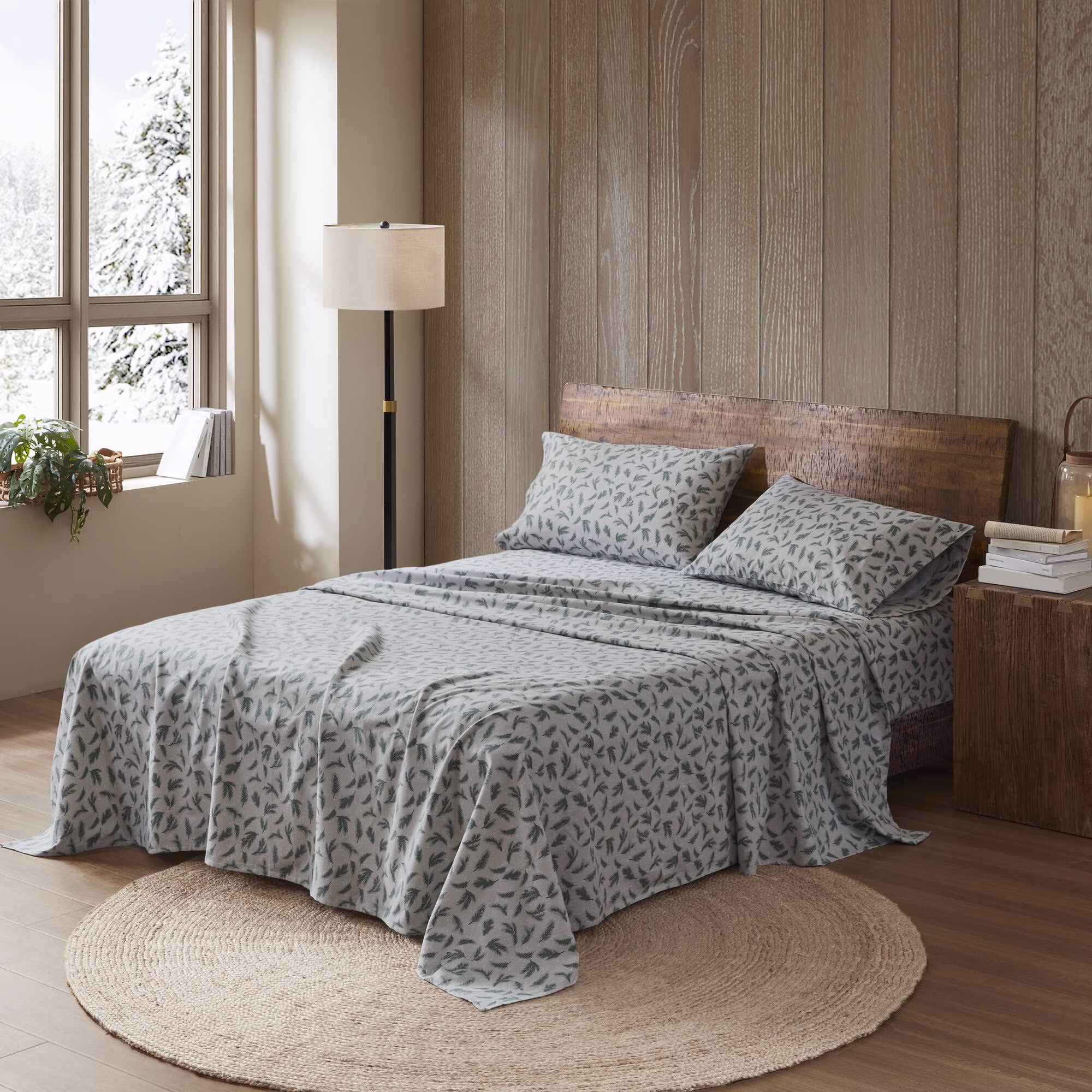 4 Pieces King 100% Cotton Flannel Printed Sheet Set,Pine Branches