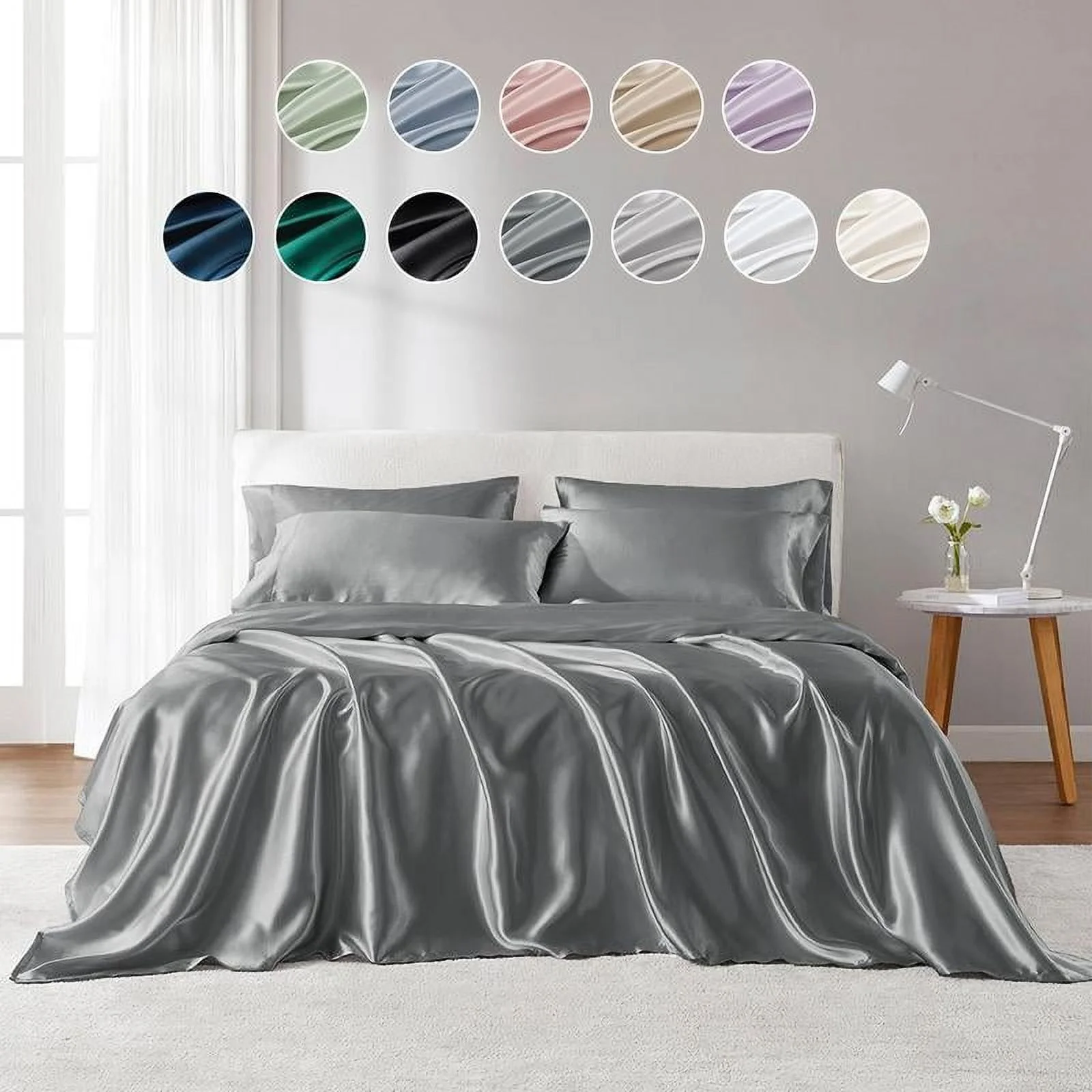 6 Piece Solid Color Satin Sheet Set (1*Flat Sheet + 1* Fitted Sheet + 4*Pillowcases), Luxurious And Silky With Natural Sheen, Fits Up To 16" Mattress