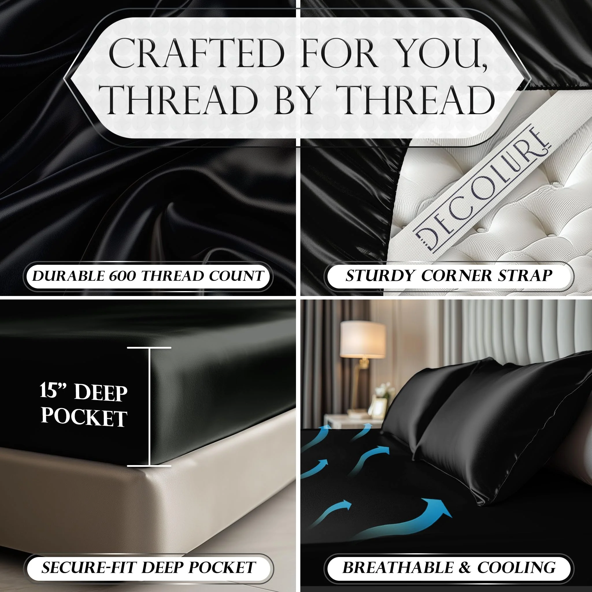 Silk Satin Fitted Sheet Queen Size, Luxuriously Smooth 15 Inch Deep Pocket, Hypoallergenic Wrinkle Free, Elastic Corners for Adjustable Mattress, Black