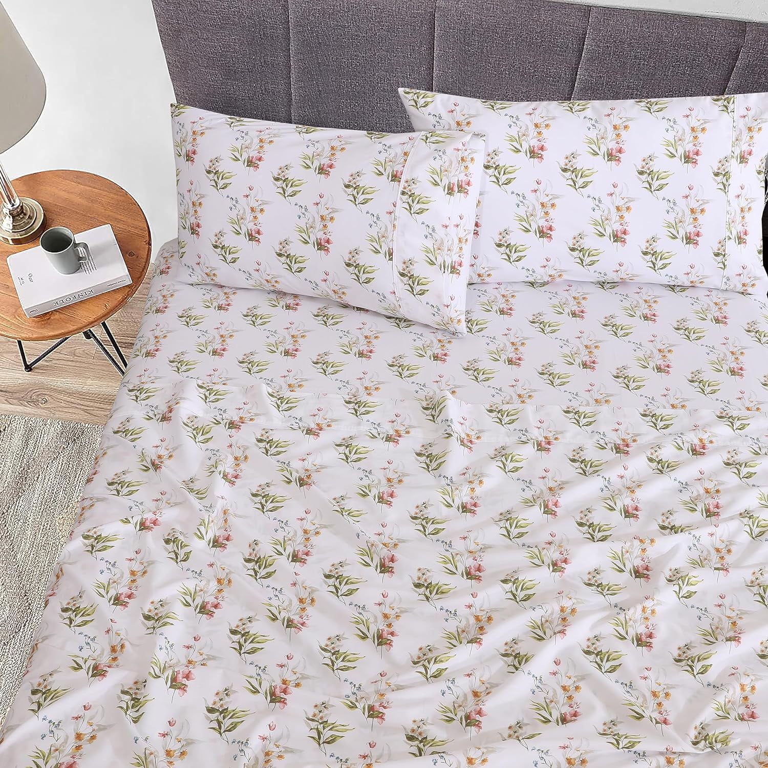 Split King Sheet Set, 100% Cotton Percale 5-Piece for Adjustable Beds, Soft & Breathable Deep Pocket (16") Hotel Style Cooling Bedding, Floral Bliss Design