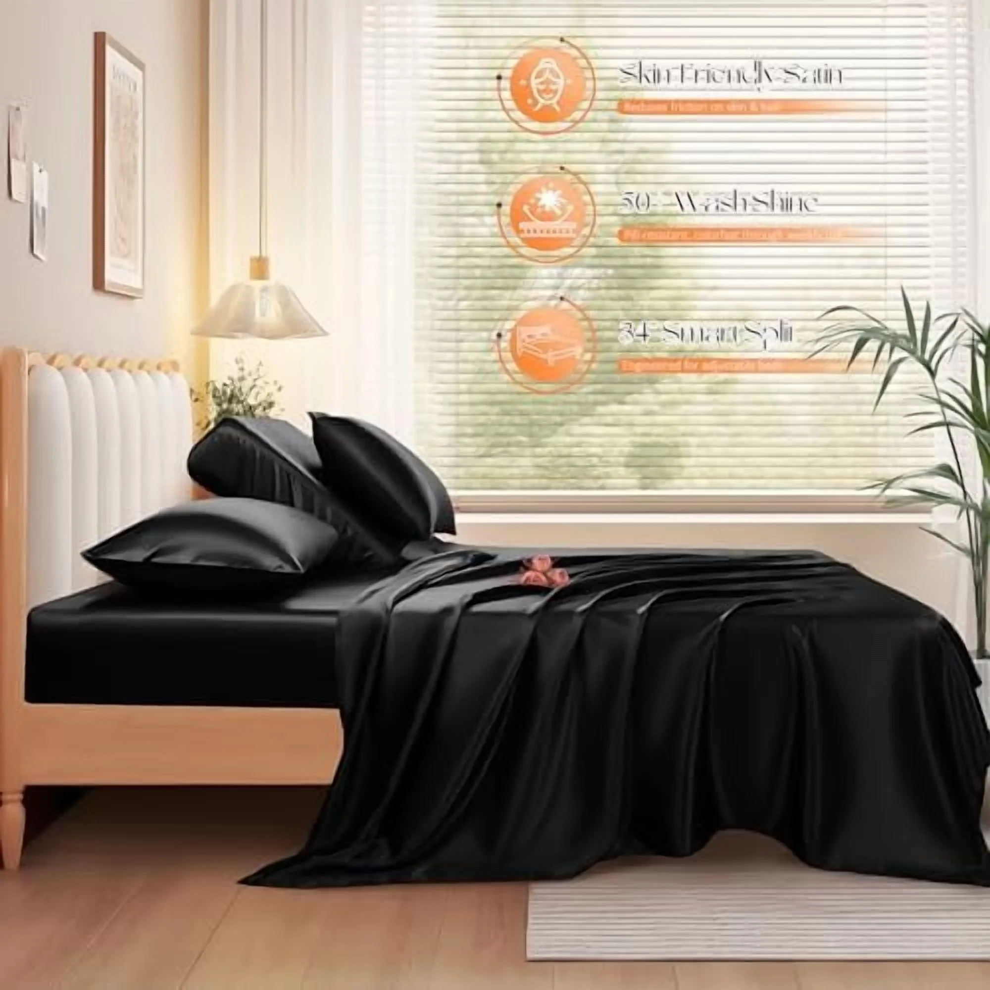 4Pcs Half Split Flex Head King Sheets Sets for Adjustable Bed, Satin Split King Bed Sheets Silky Black Satin Sheets Top Flex Sheet - Cooling Sheet Set with 14-16 Inch Deep Pockets