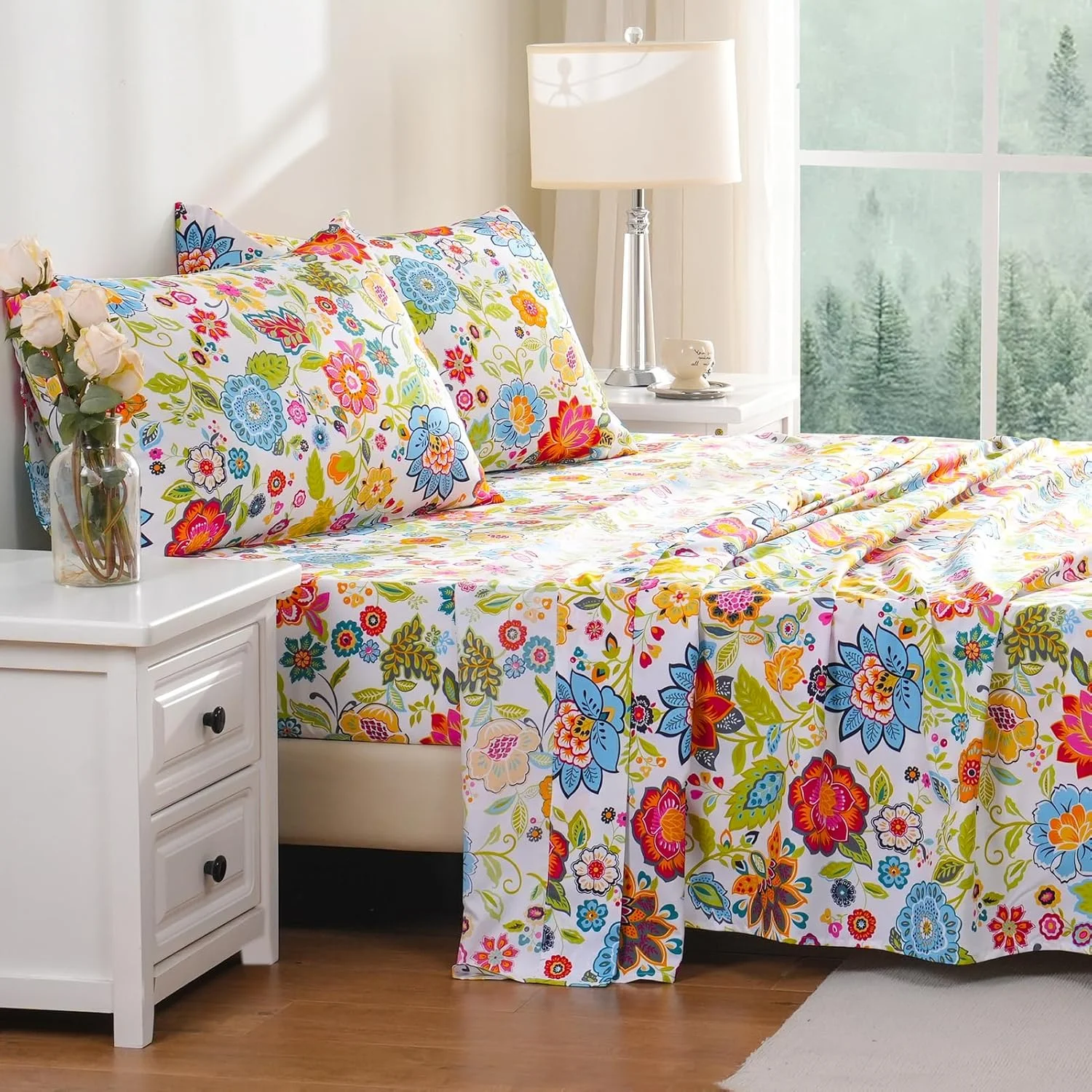Full Sheet Set Ultra Soft, Breathable, Silky Flower Deep Pocket 100% Microfiber Bedding, 4 Piece Full Size with Floral Spring Design