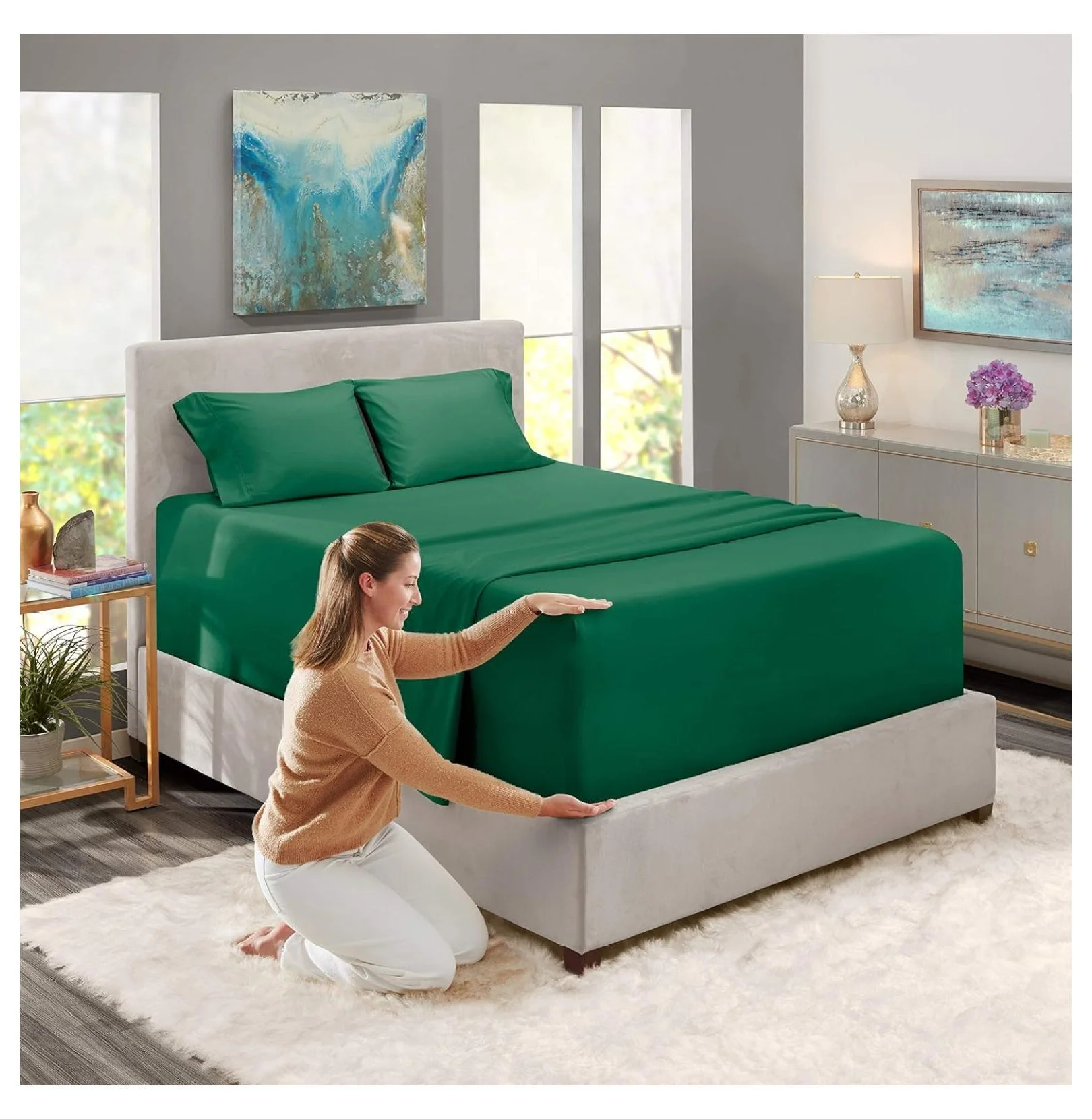 Extra Deep Pocket Sheets - Fits Mattress 18-24 Inches Deep, Extra Deep Pocket Queen Sheets Sets, 4 Piece Queen Size Sheets, Queen Sheets Deep Pocket, Green Queen