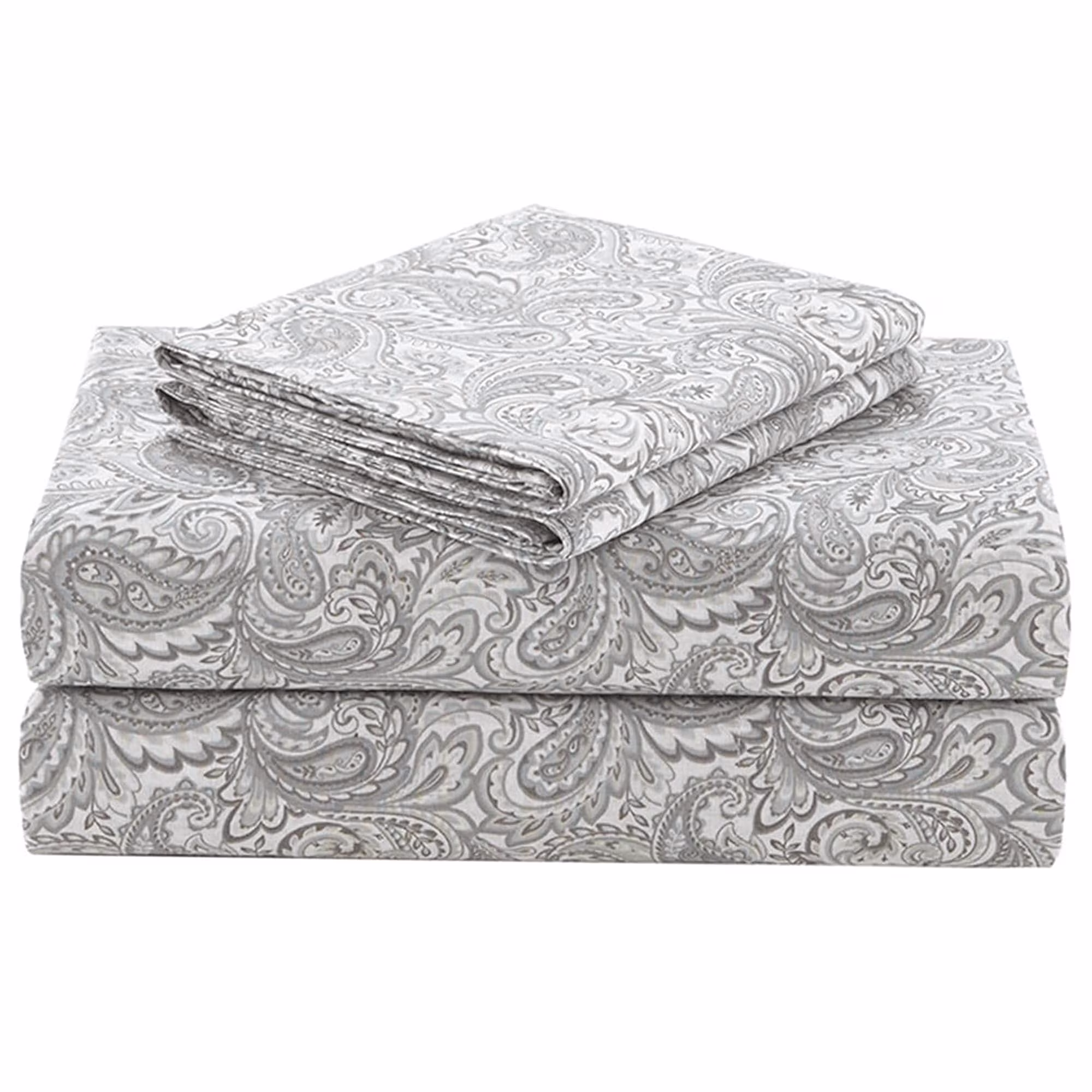 100% Cotton Queen Sheets Set, Breathable Soft Bed Sheets for All Seasons, 14 Inch Deep Pocket Fits Mattress up to 16 Inch, 4 Piece Paisley Multi Design, Gray