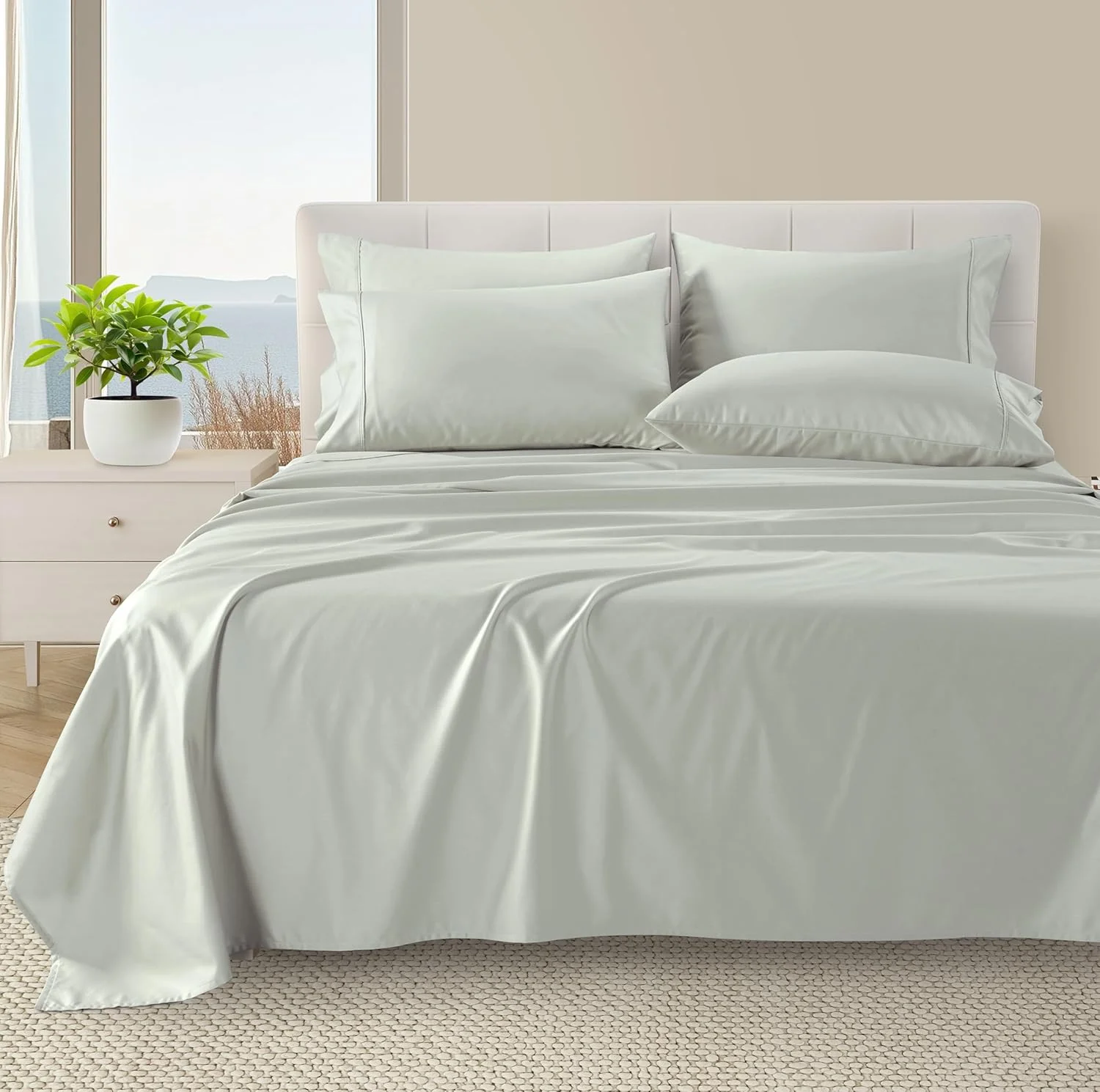 100% Cotton Queen Sheets - 500 Thread Count Sateen Finish, Silky Buttery Soft, 15" Deep Pocket Set with Pillowcases, Silver