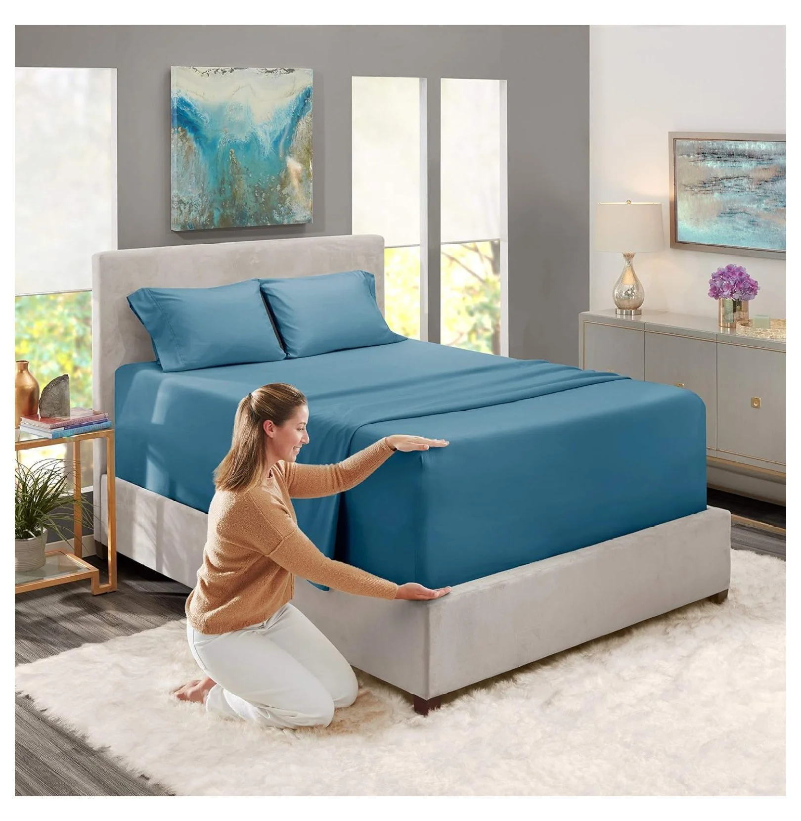 Extra Deep Pocket Sheets - Fits Mattress 18-24 Inches Deep, Extra Deep Pocket Queen Sheets Sets, 4 Piece Queen Size Sheets, Queen Sheets Deep Pocket, Blue Sheets Queen