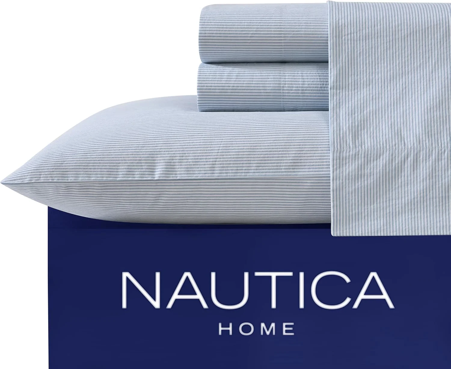 Sheet Set, Cotton Percale Bedding, Crisp & Cool, Lightweight & Breathable, Penny Pinstripe Blue