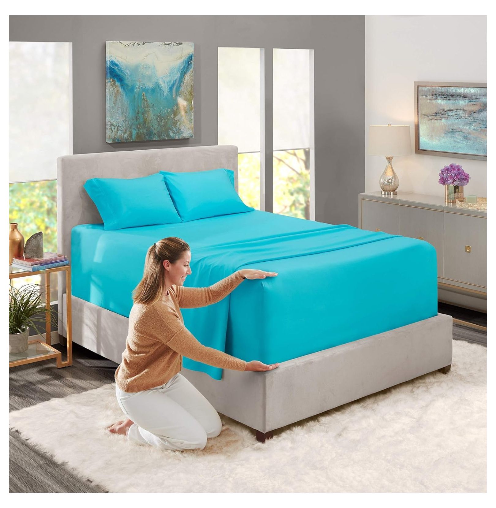 Extra Deep Pocket Sheets - Fits Mattress 18-24 Inches, 4 Piece Queen Size Set, Bright Blue