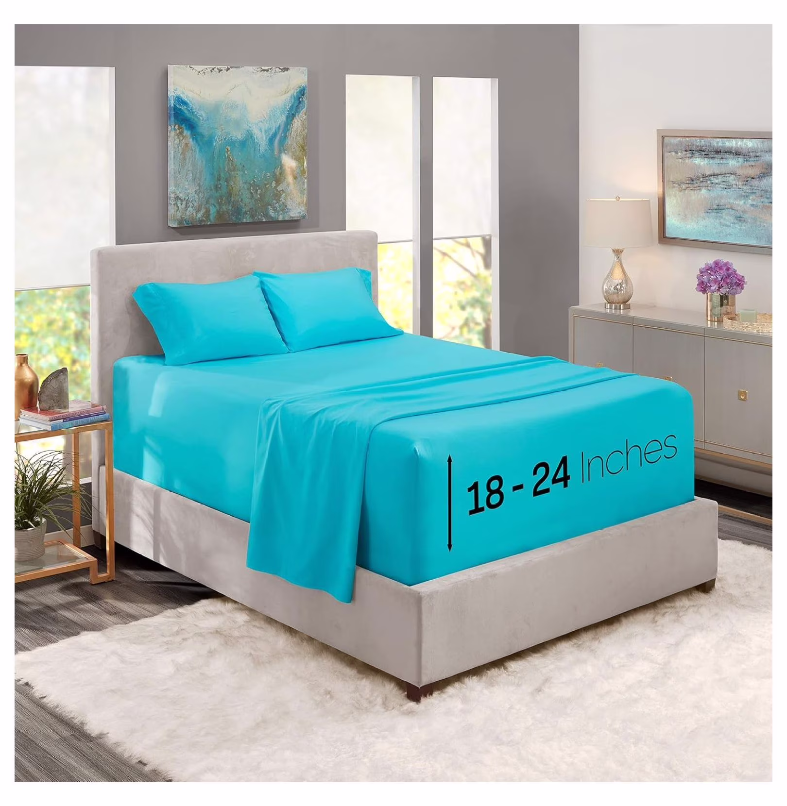 Extra Deep Pocket Sheets - Fits Mattress 18-24 Inches, 4 Piece Queen Size Set, Bright Blue