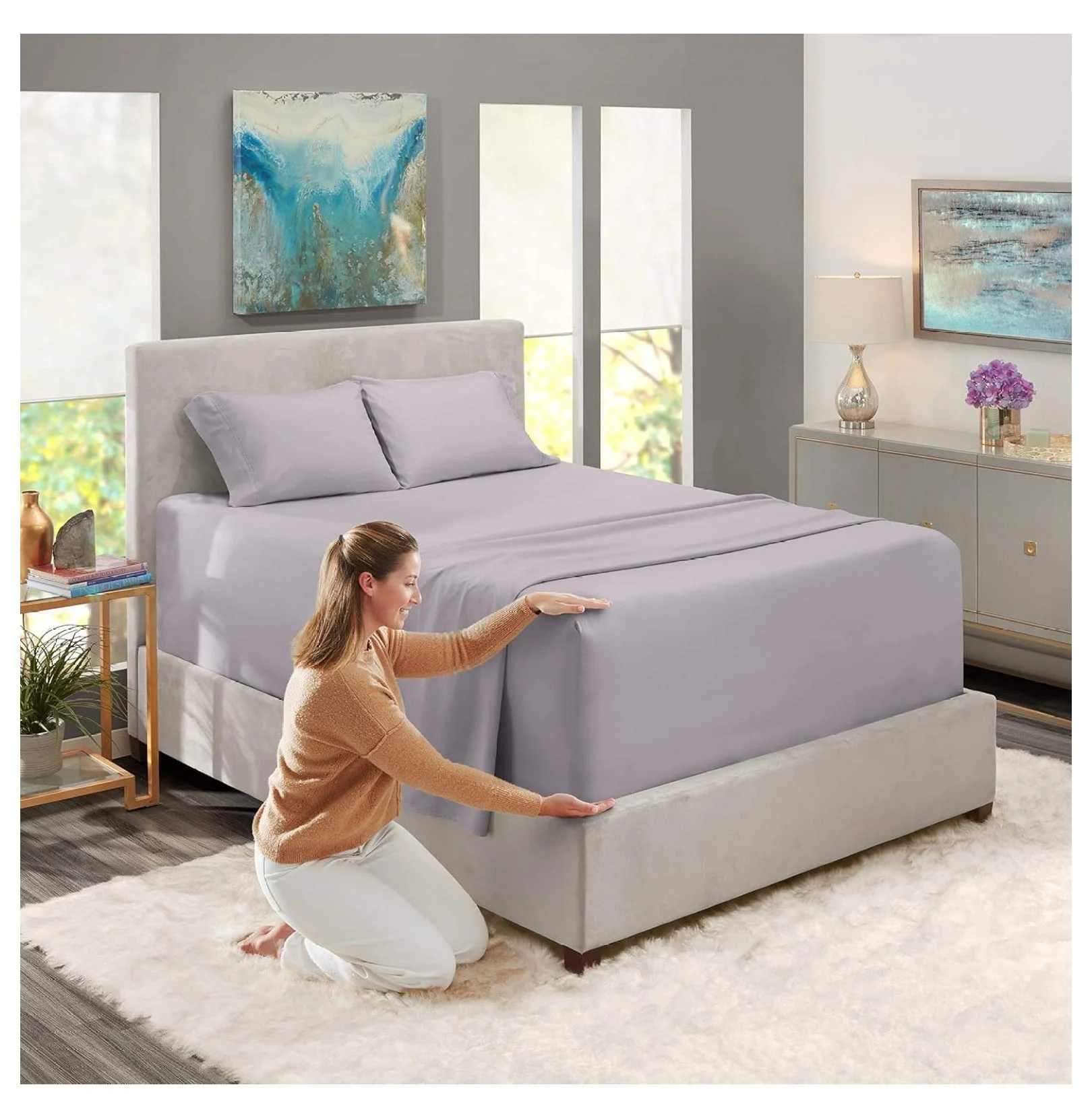 Extra Deep Pocket Sheets - Fits Mattress 18-24 Inches Deep, Extra Deep Pocket California King Size Sheets, 4 Piece Cal King Sheets, Cal King Sheets Deep Pocket, Light Gray Lavender
