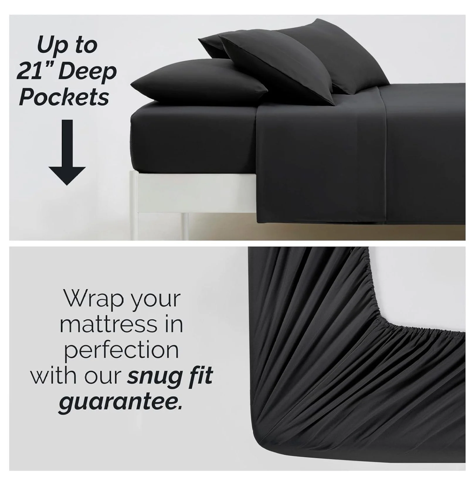 Extra Deep Pocket King Sheets Set, 6-Piece Ultra-Soft Microfiber Bed Sheets with 21" Deep King Fitted Sheet, Oversize Flat Sheet, 4 Large Pillowcases, Black