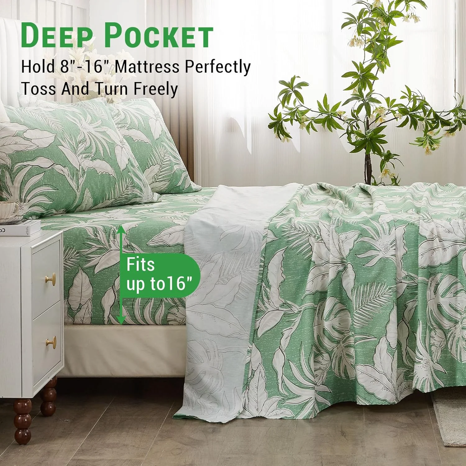 Cotton Sheet Set Queen Size, Green Floral, 4PC Set