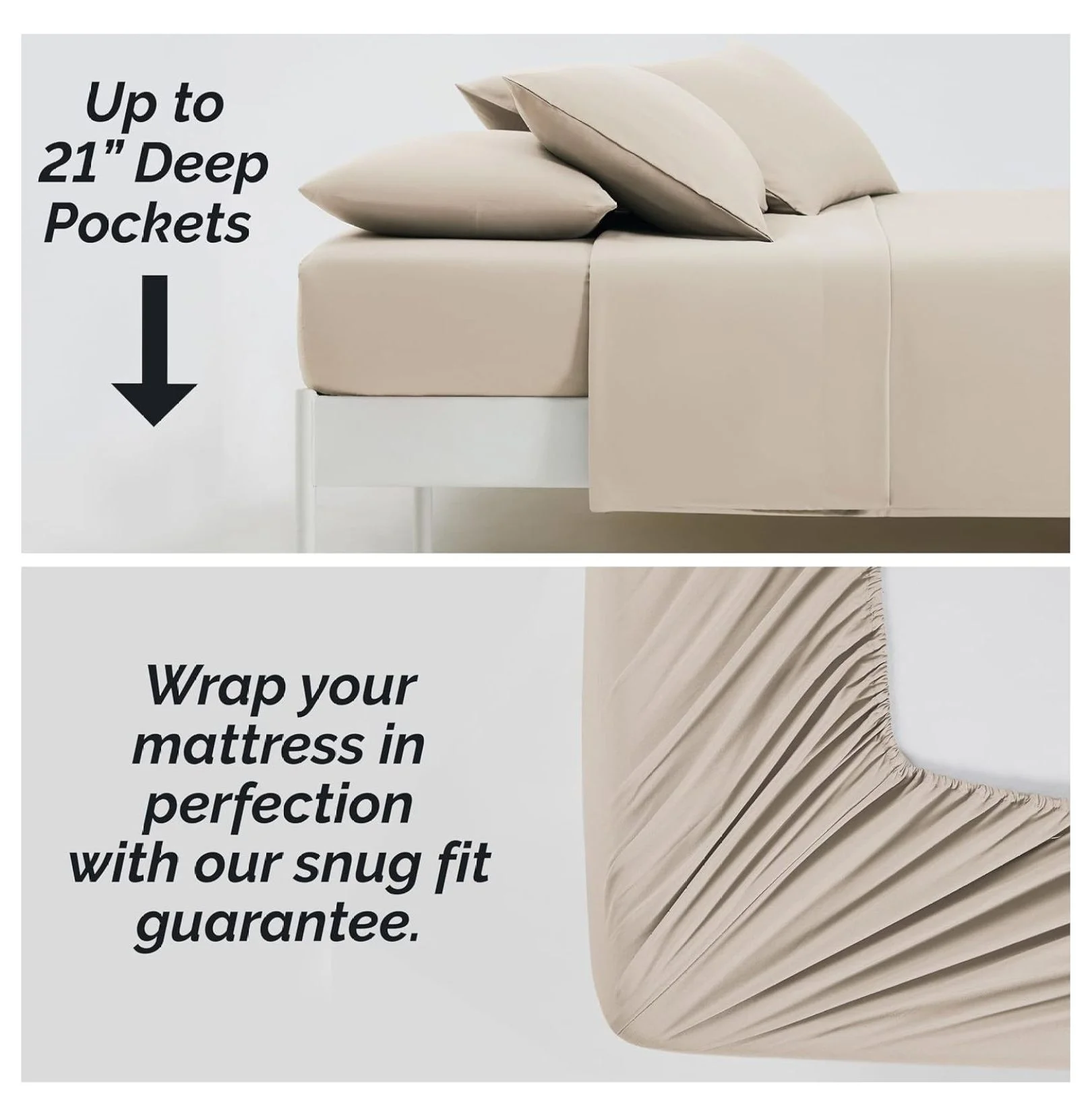 6-Piece, 21-in Extra Deep Pocket Sheet Set, Full Size, Hotel Quality Bedding, Shrinkage Free Full Size Sheets Set with Flat and Fitted Sheet, 4 Pillowcases, Bone