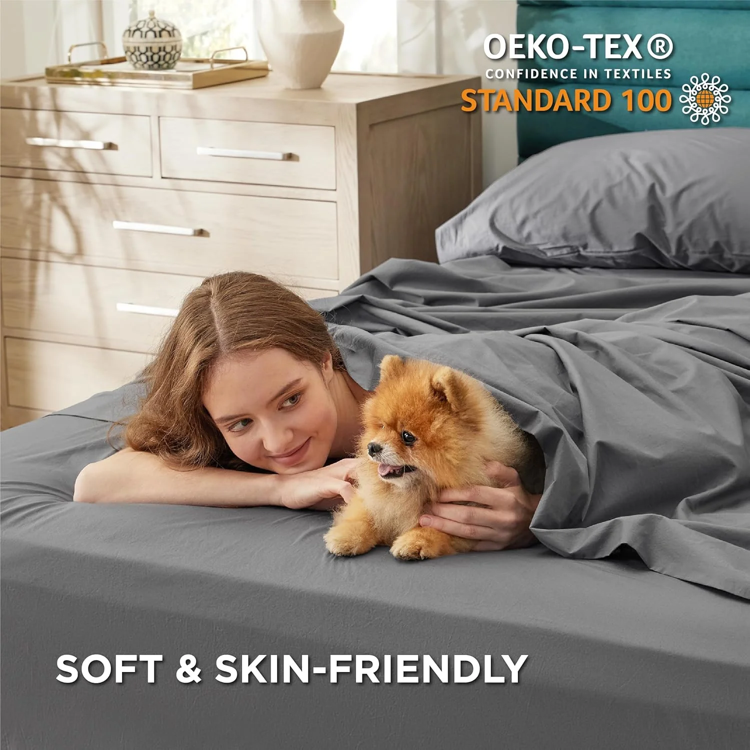 100% Cotton Percale Sheets Queen Size, Queen Sheet Set with Deep Pocket Up to 16 Inches, Breathable & Crirsp Soft, Bedsheet & Pillowcase Sets, 4 Pieces, Grey