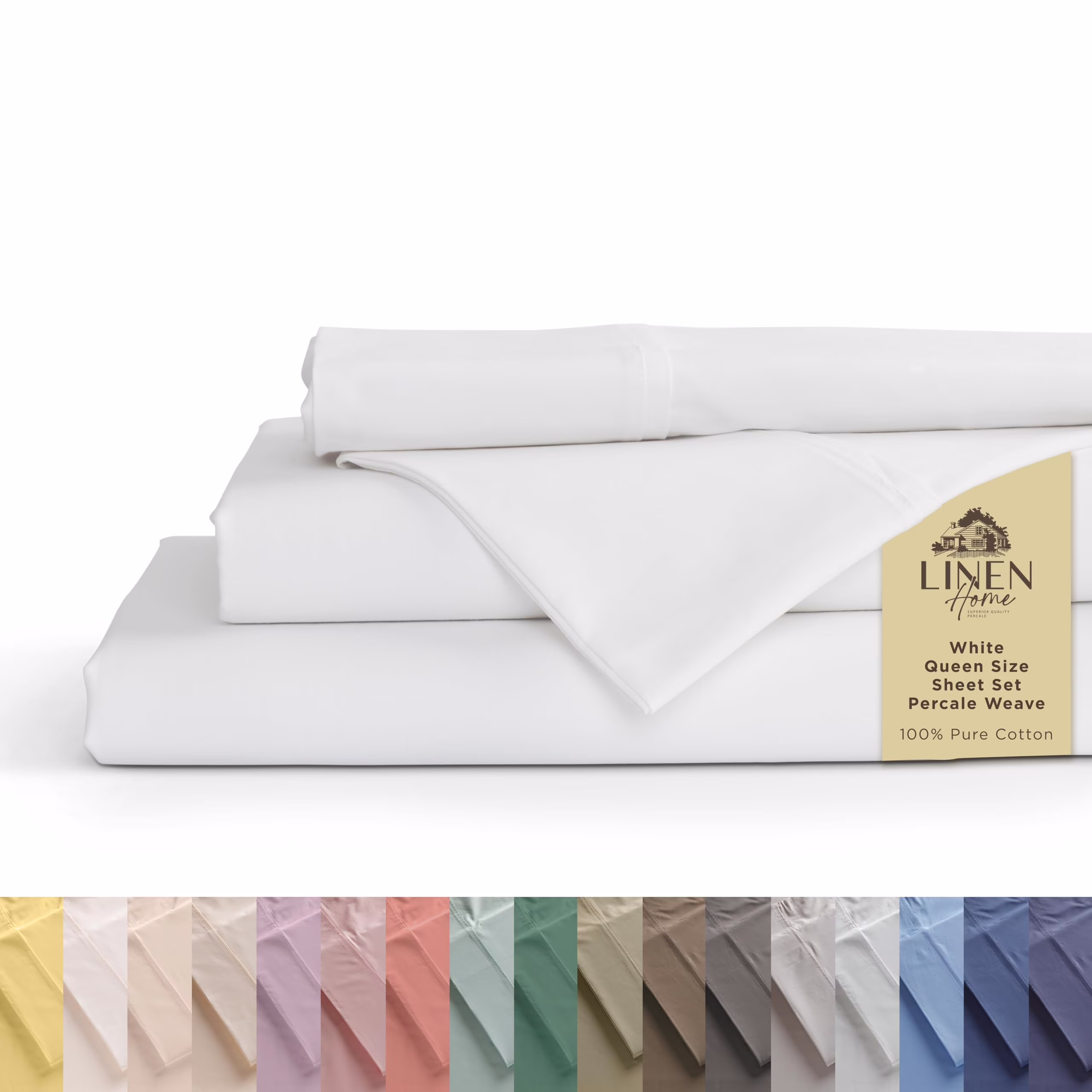 Queen Size 100% Cotton Percale Sheets, 4 Piece Set Includes Flat Sheet, Deep Pocket Fitted Sheet and 2 Pillowcases, Breathable Durable Bed Linen, White