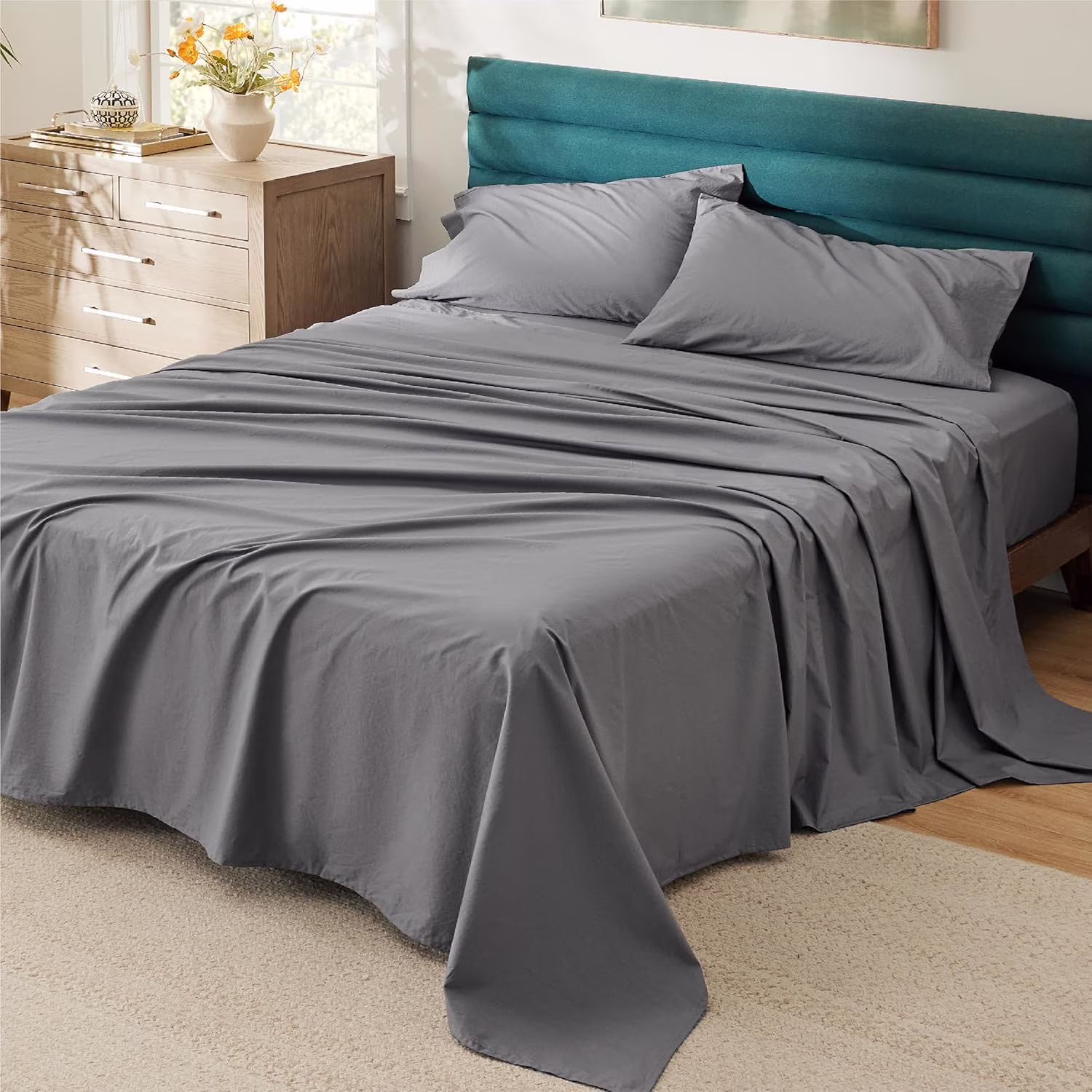 100% Cotton Percale Sheets Queen Size, Queen Sheet Set with Deep Pocket Up to 16 Inches, Breathable & Crirsp Soft, Bedsheet & Pillowcase Sets, 4 Pieces, Grey