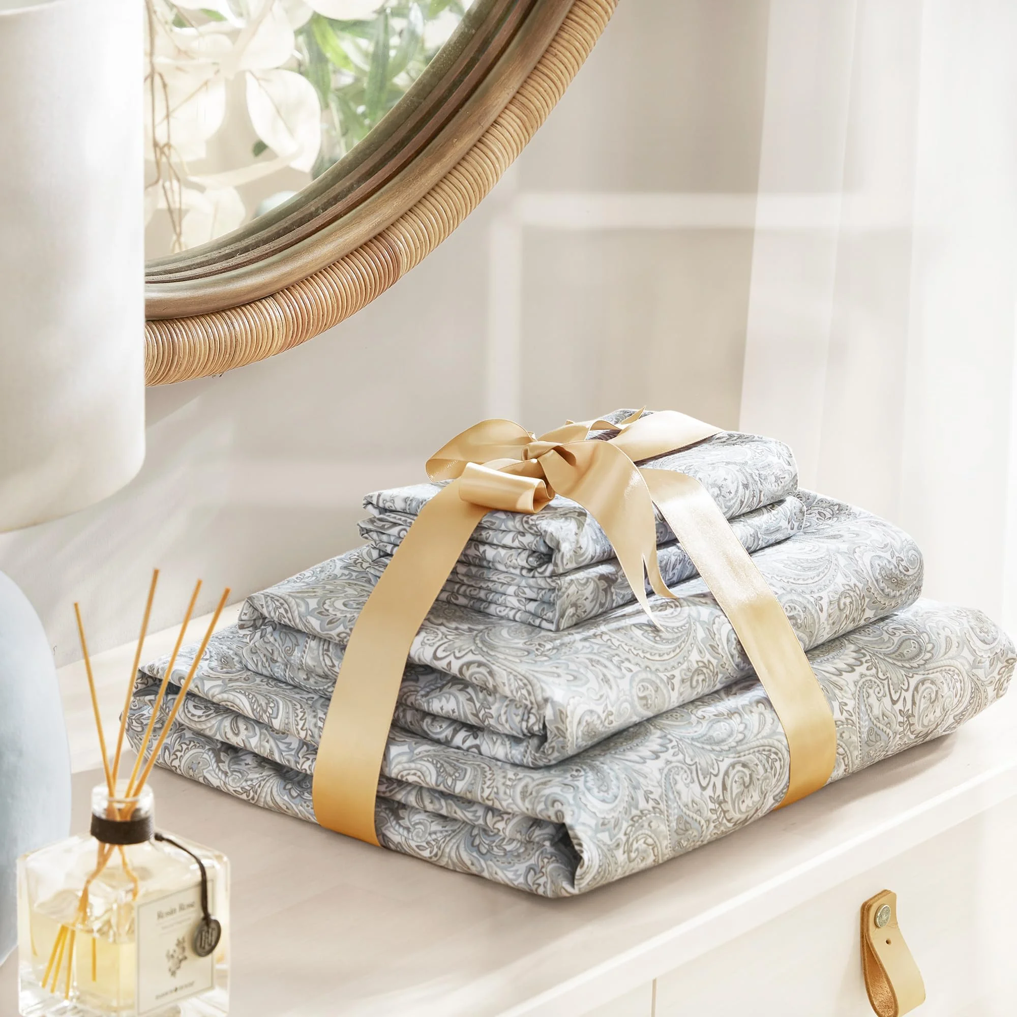 100% Cotton Queen Sheets Set, Breathable Soft Bed Sheets for All Seasons, 14 Inch Deep Pocket Fits Mattress up to 16 Inch, 4 Piece Paisley Multi Design, Gray