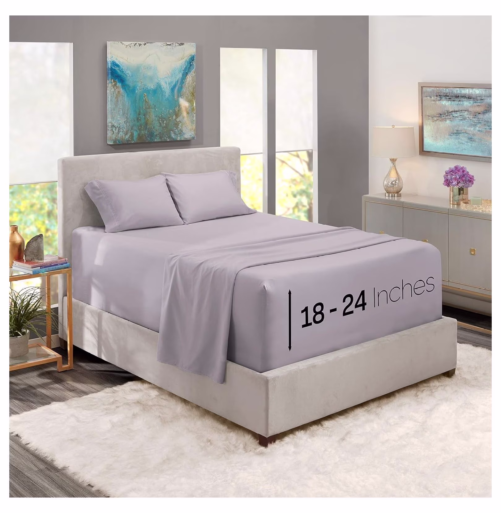 Extra Deep Pocket Sheets - Fits Mattress 18-24 Inches Deep, Extra Deep Pocket California King Size Sheets, 4 Piece Cal King Sheets, Cal King Sheets Deep Pocket, Light Gray Lavender