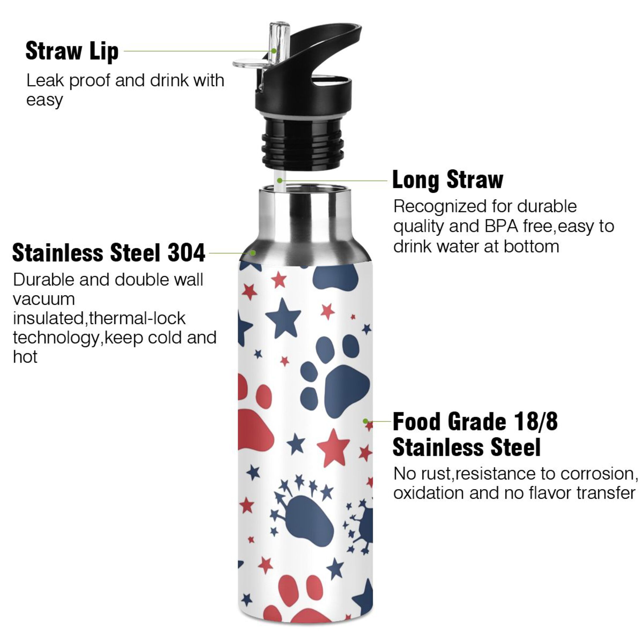Dog Footprint and Stars Water Bottles Insulated Thermos Kids Stainless Steel Bottle with Straw Lid Flask Leakproof for Sports Gym 20 oz