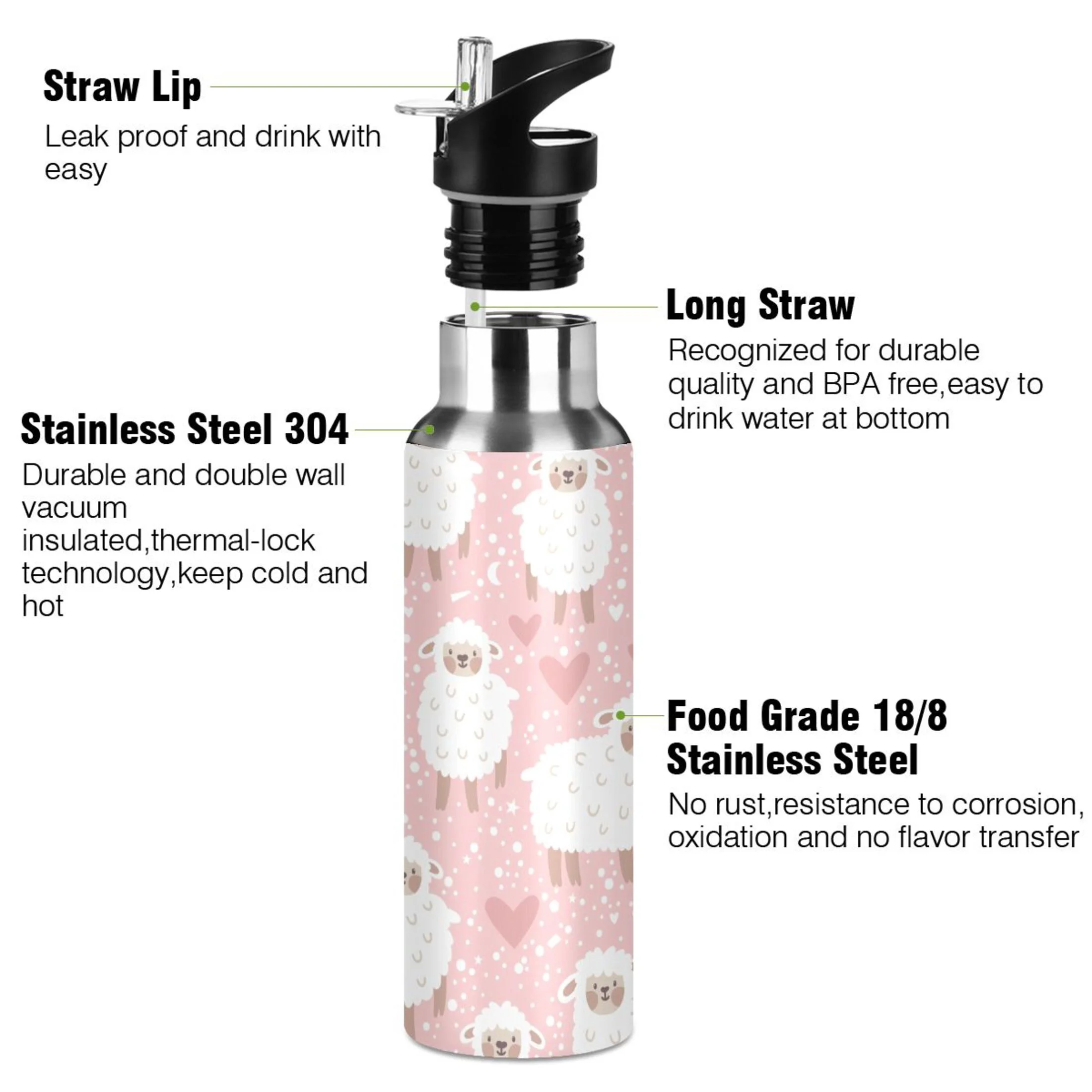 Water Bottle with Straw Lid Leak Cute Sheeps on Pink Stainless Steel Insulated Thermos Vacuum Flask for Cold Hot Drinking for Sports Camping Gym Yoga