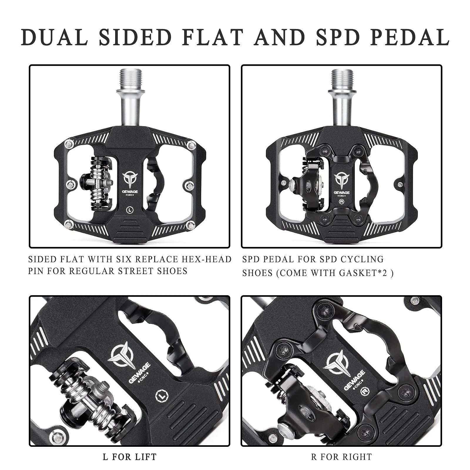 Bike Pedals Dual Sided Pedals Plat & SPD Clipless Pedal 3 Sealed Bearings, 9/16” Bicycle Platform
