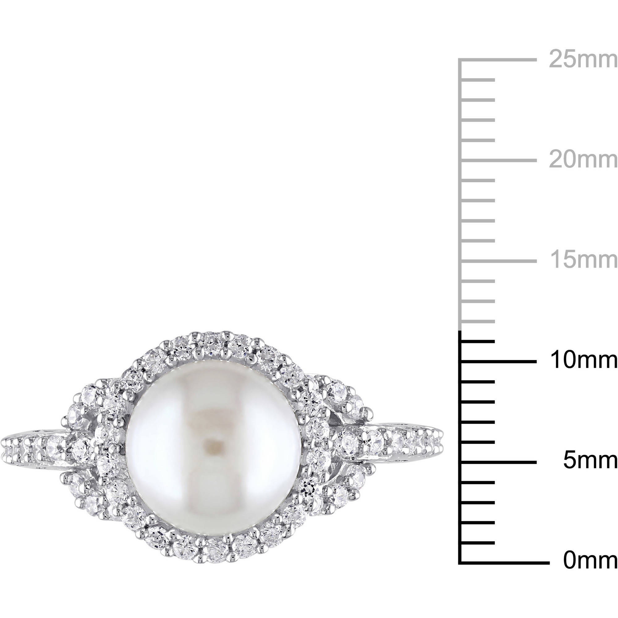 8.5-9mm White Cultured Freshwater Pearl and 1 Carat T.G.W Cubic Zirconia Halo Sterling Silver Ring