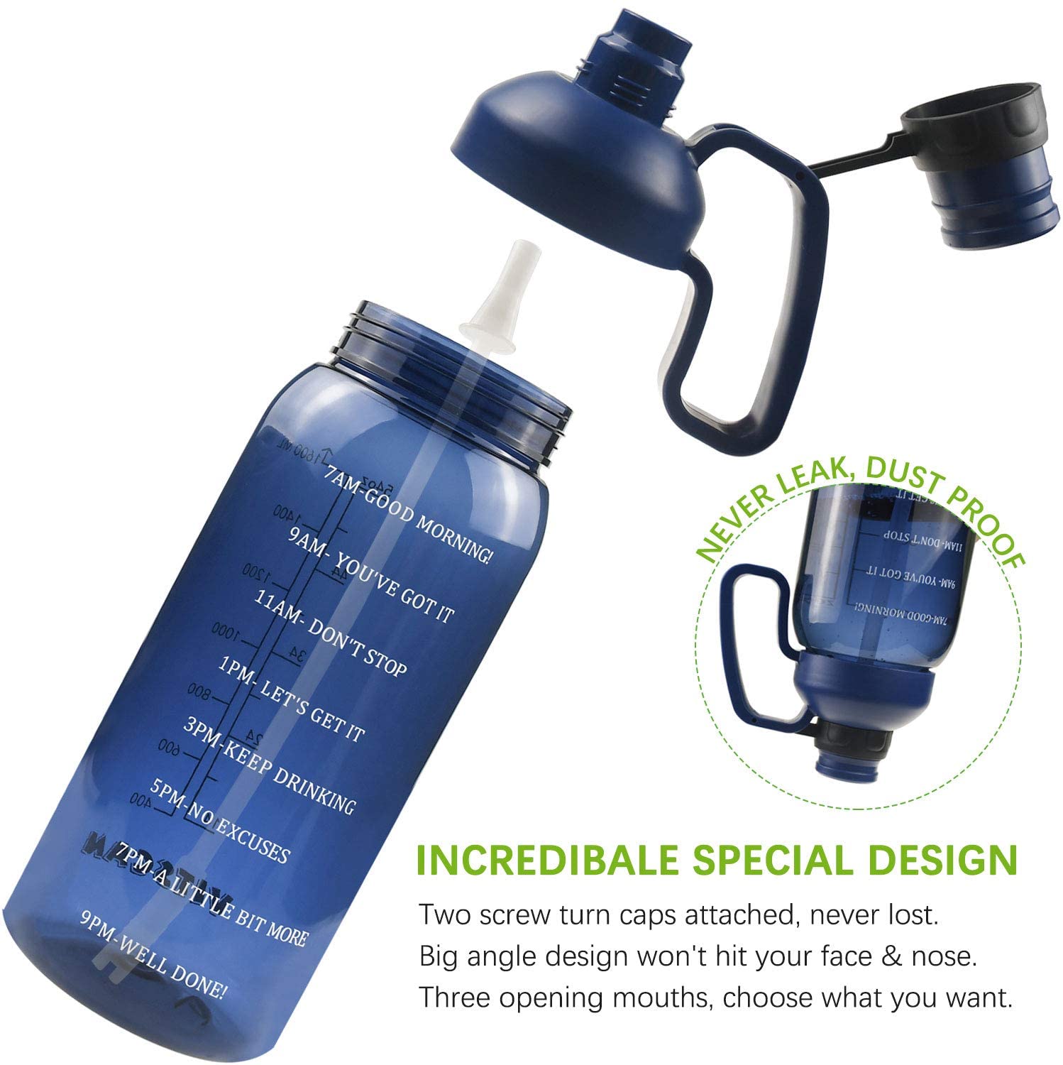 Half Gallon Water Bottle With Straw, 2l Water Bottle Motivational Water Bottle 64 Oz Water Bottle With Time Marker, Wide Mouth Water Jug for Sports Water Bottle BPA Free Leakproof, Blue Water Bottles