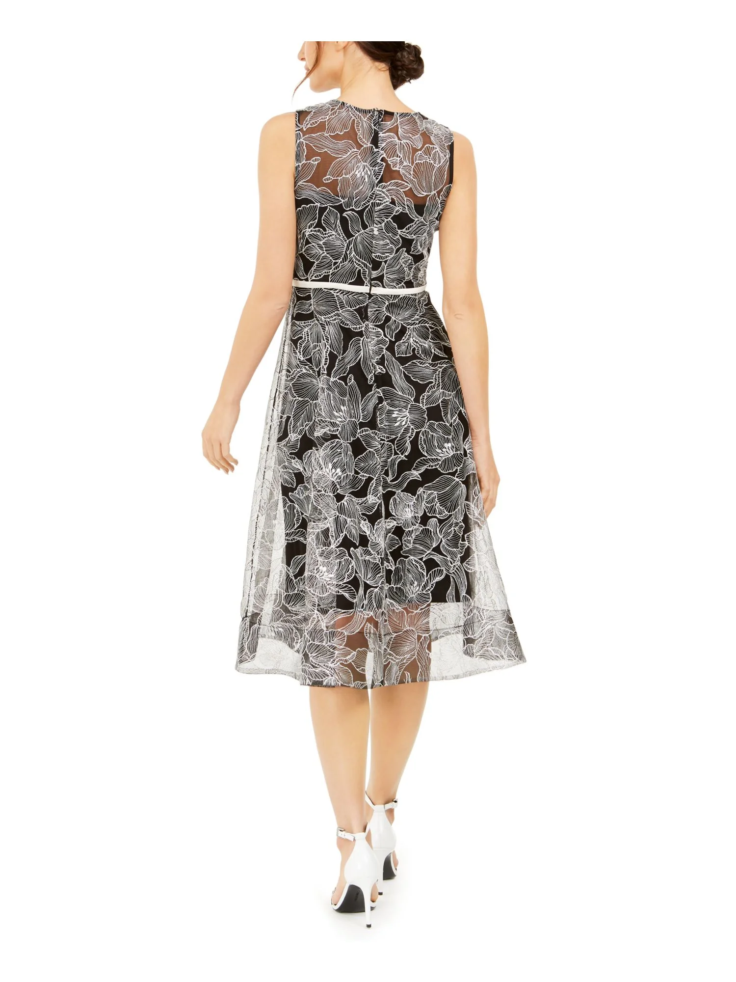 Calvin Klein Womens Embroidered Sheer Midi Dress B/W 10