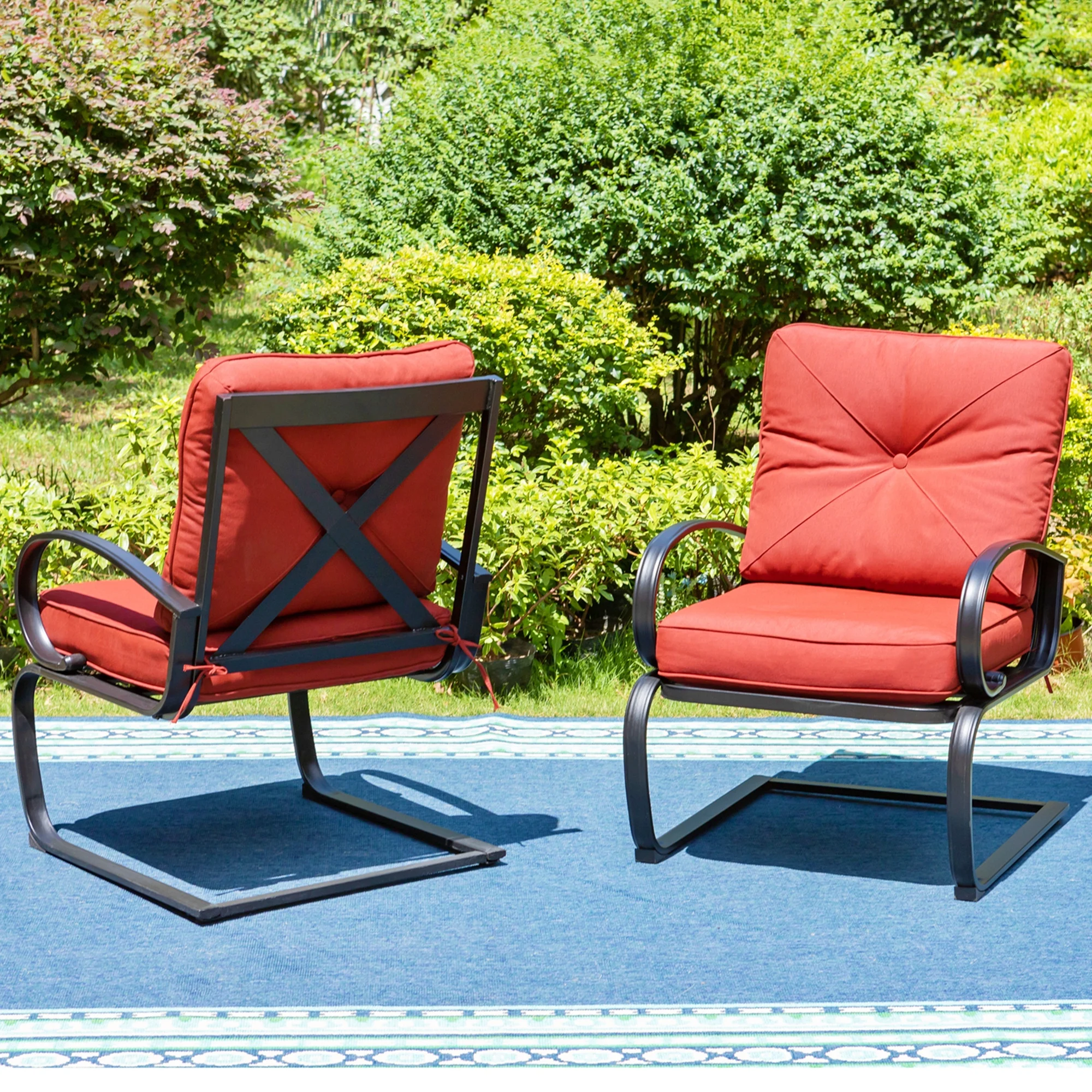 MF Studio Set of 2 Outdoor Dining Chairs, C-shape Steel Frame with Cushions, Black&Red